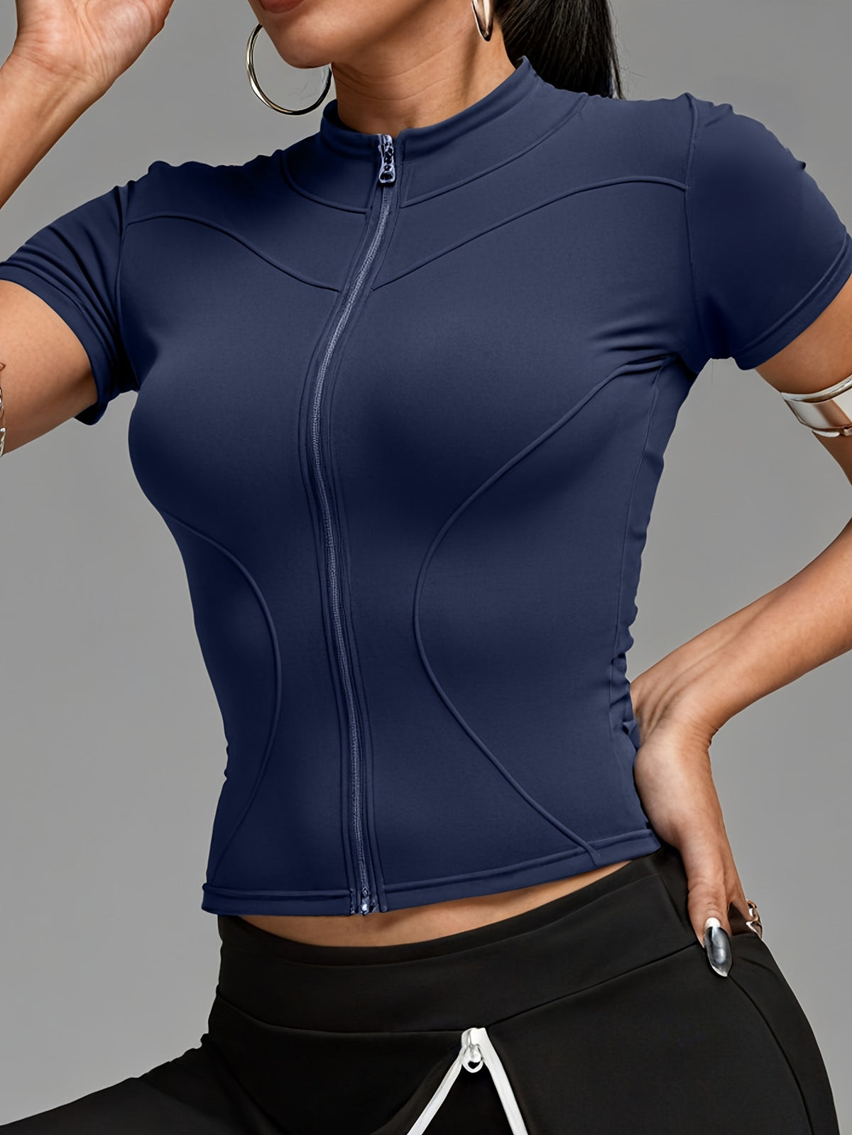 Short Sleeve Cropped Zip Jacket - Navy
