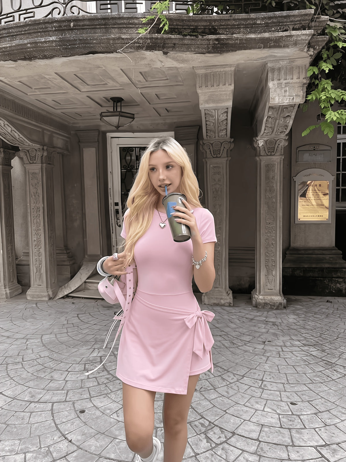 Bow Front Short Sleeve Dress - Pink
