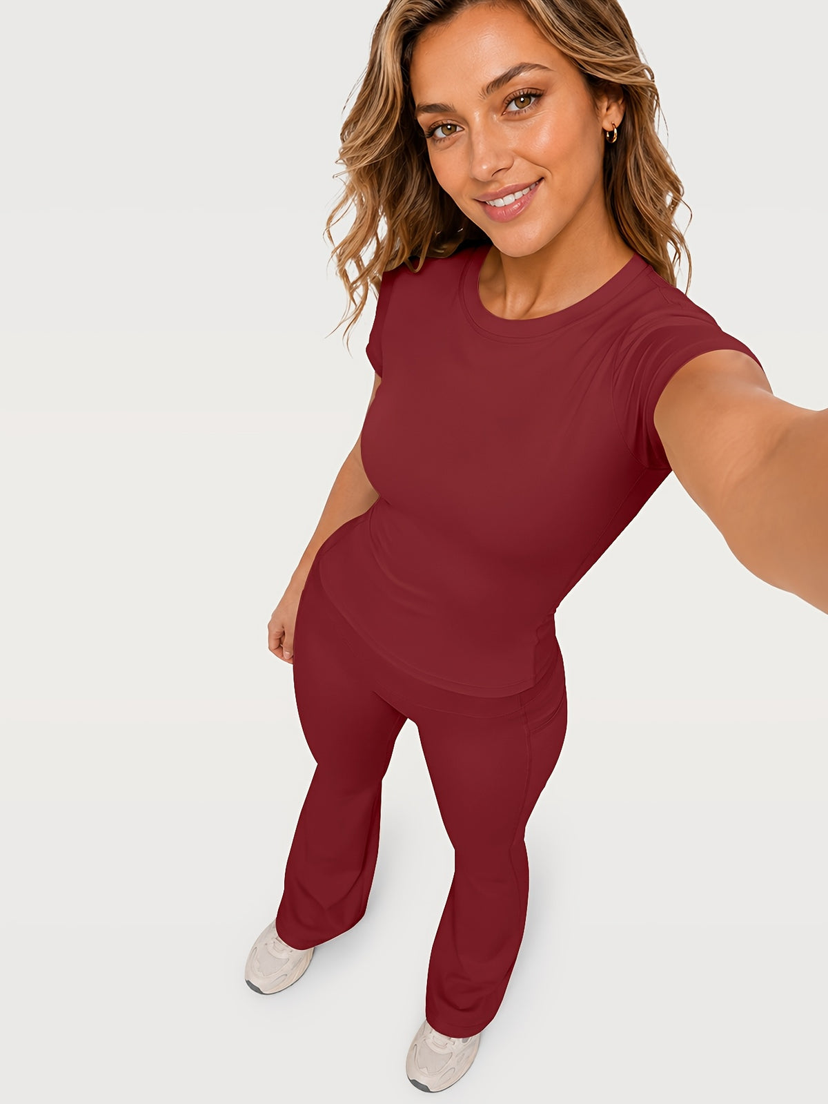 Fitted Tee & Flare Pants Set - Burgundy