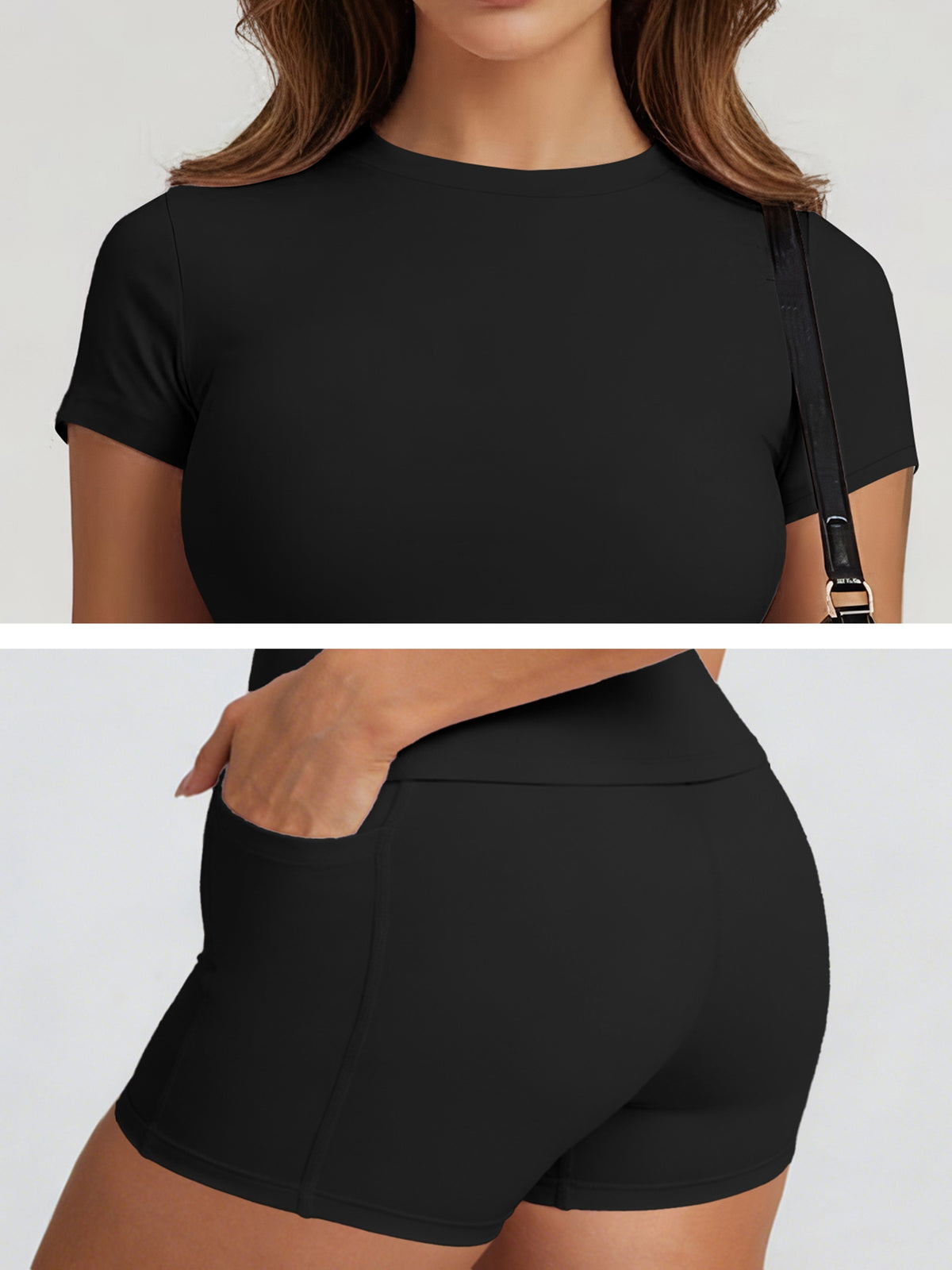 Tummy Control Top & Pocket Shorts Set - Black
