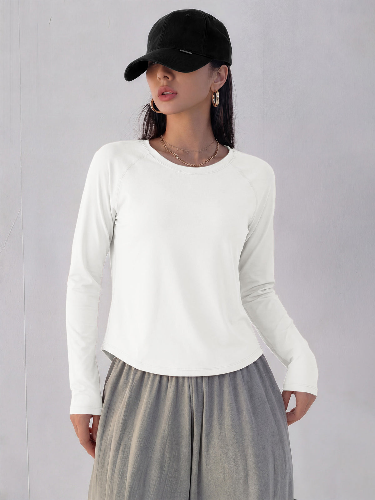 Mesh Back Panel Long Sleeve Top - White