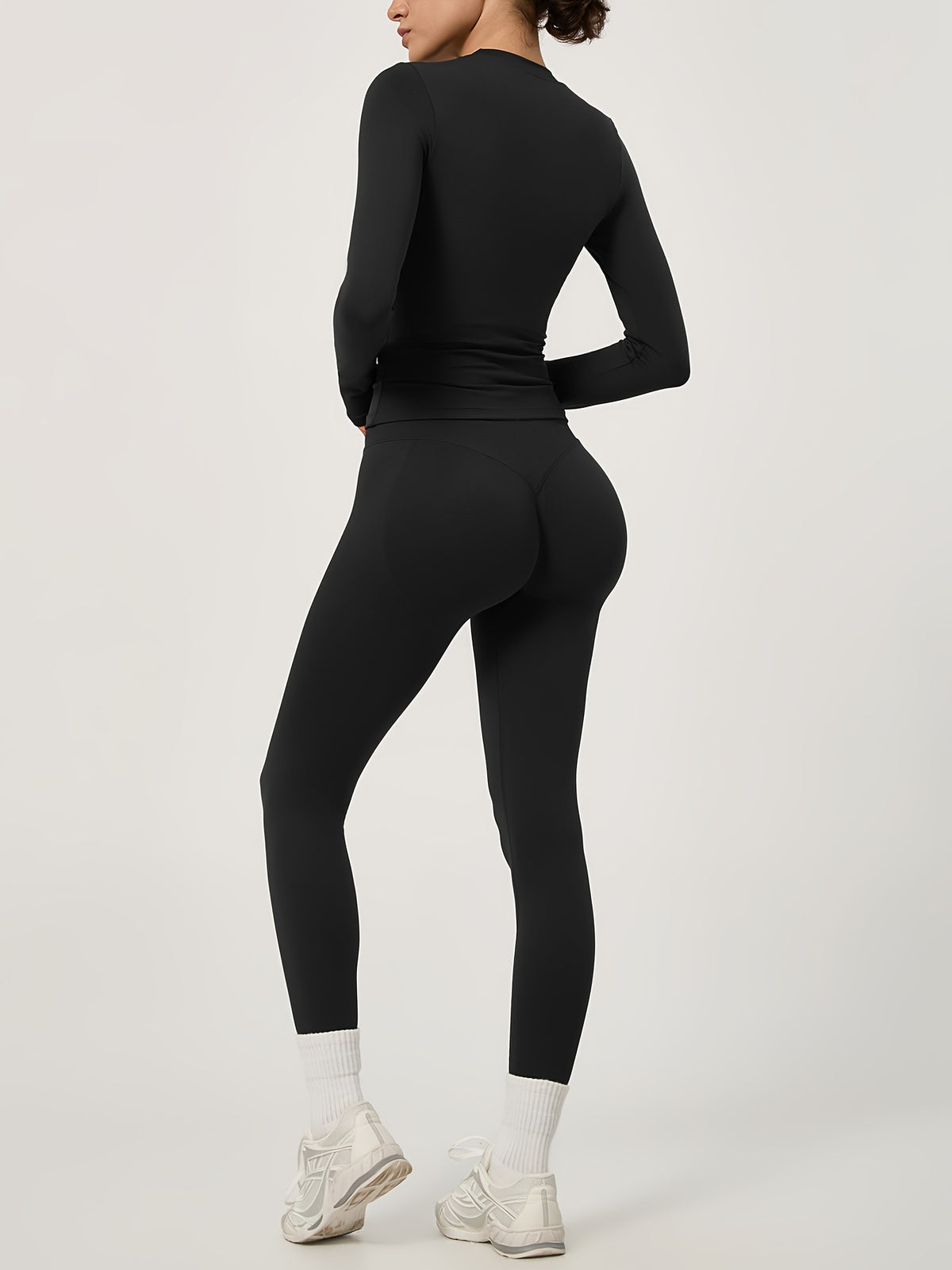 Long Sleeve Top & Seamless Leggings Set - Black