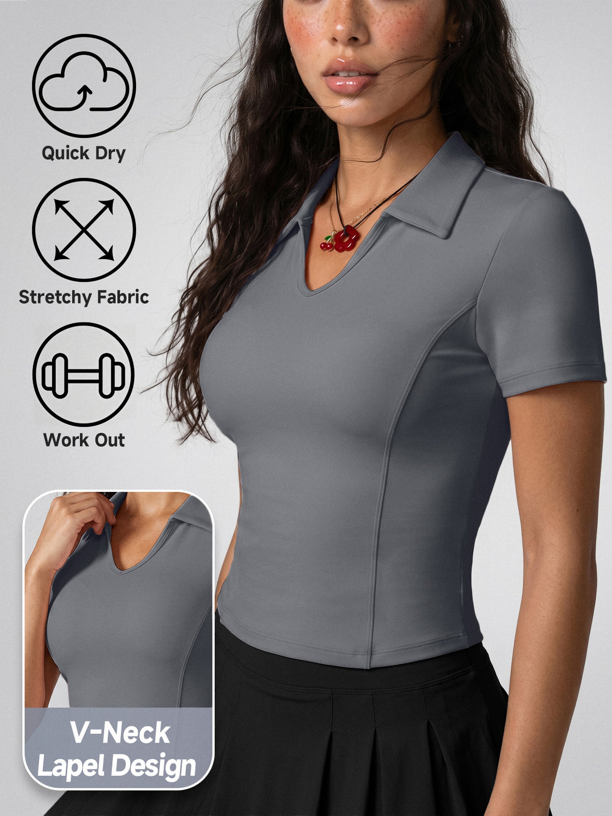 Collared V-Neck Crop Top - Grey