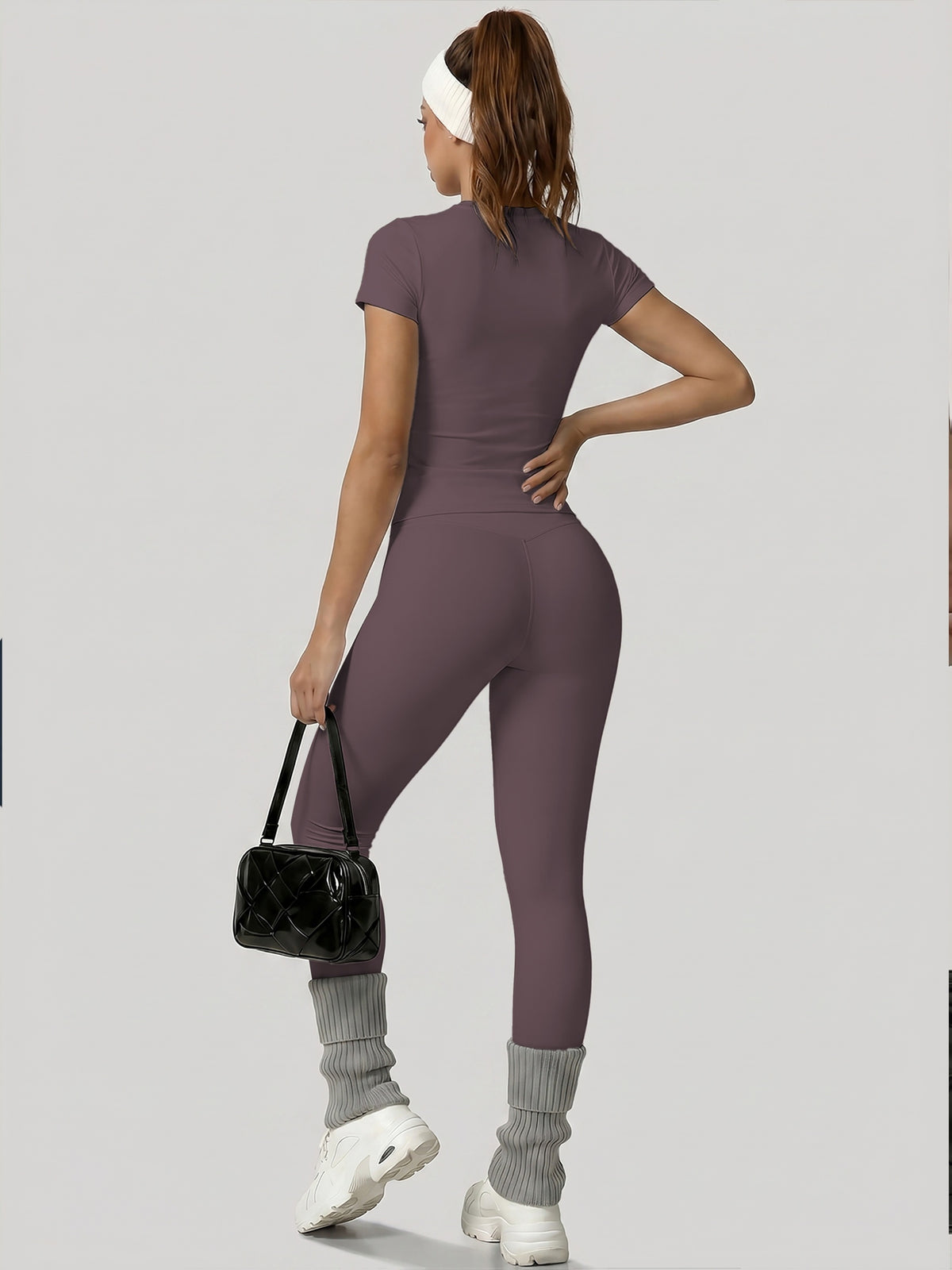 Round Neck Top & Tummy Tuck Leggings Set - Eggplant Purple