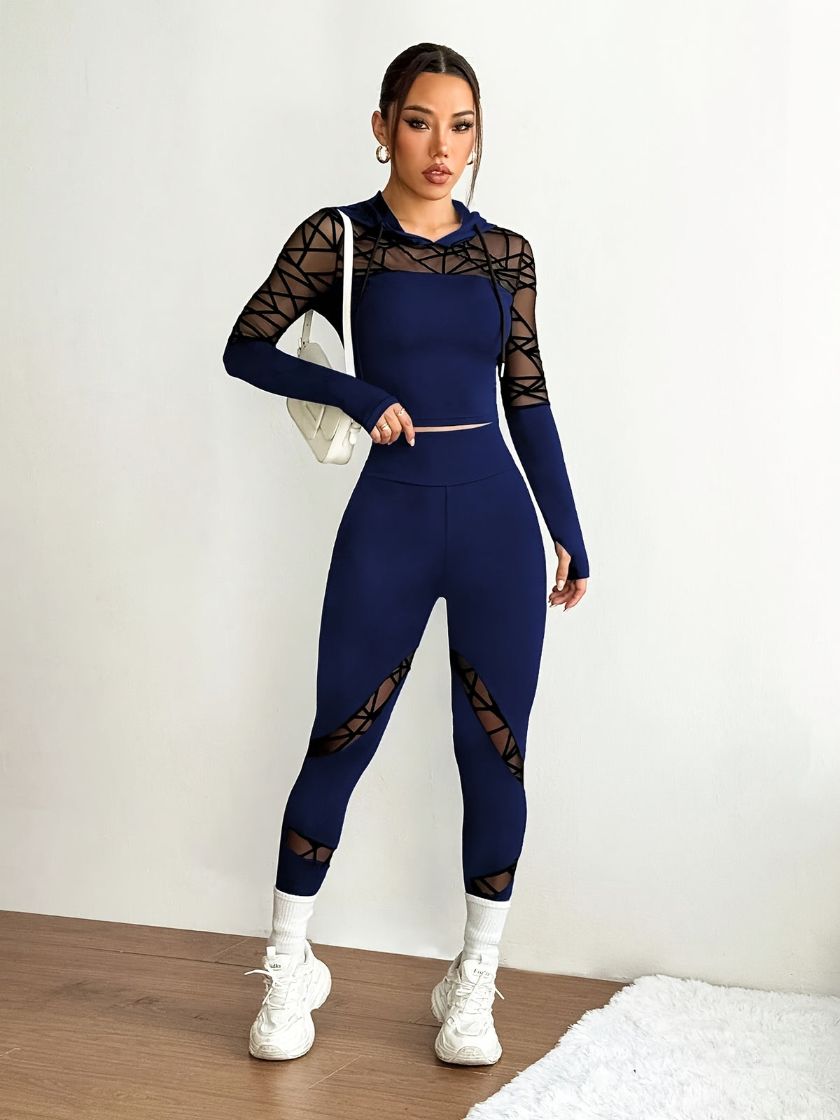 Mesh Panel Thumbhole Hoodie & Leggings Set - Navy Blue