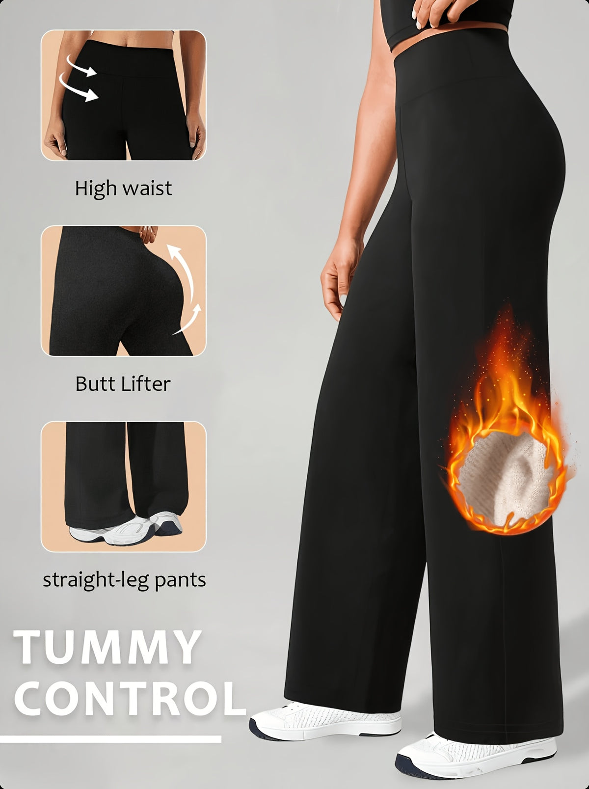 Fleece Lined High Waist Wide Leg Pants - Black