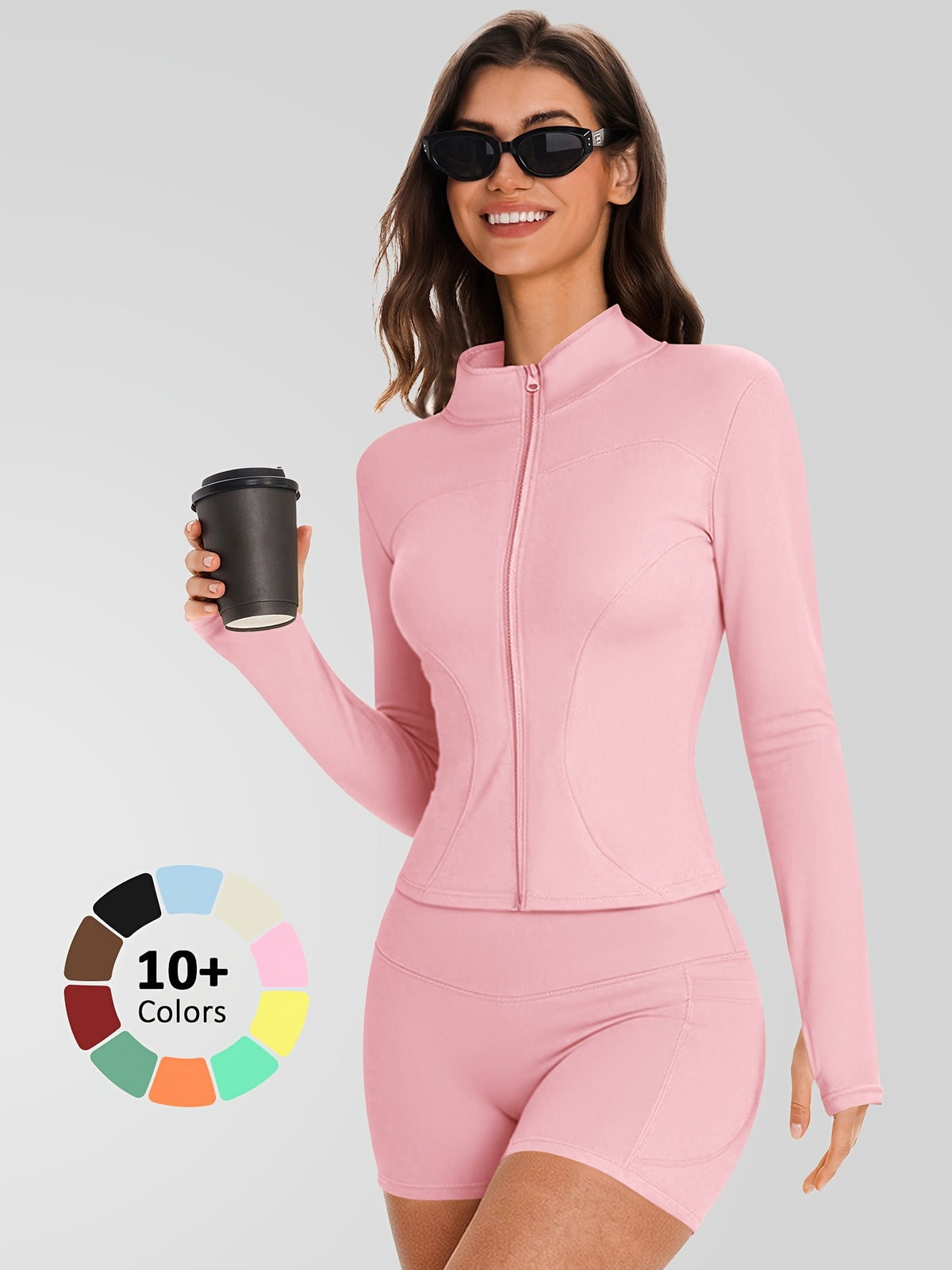 Zip Jacket & Pocket Shorts Set - Pink