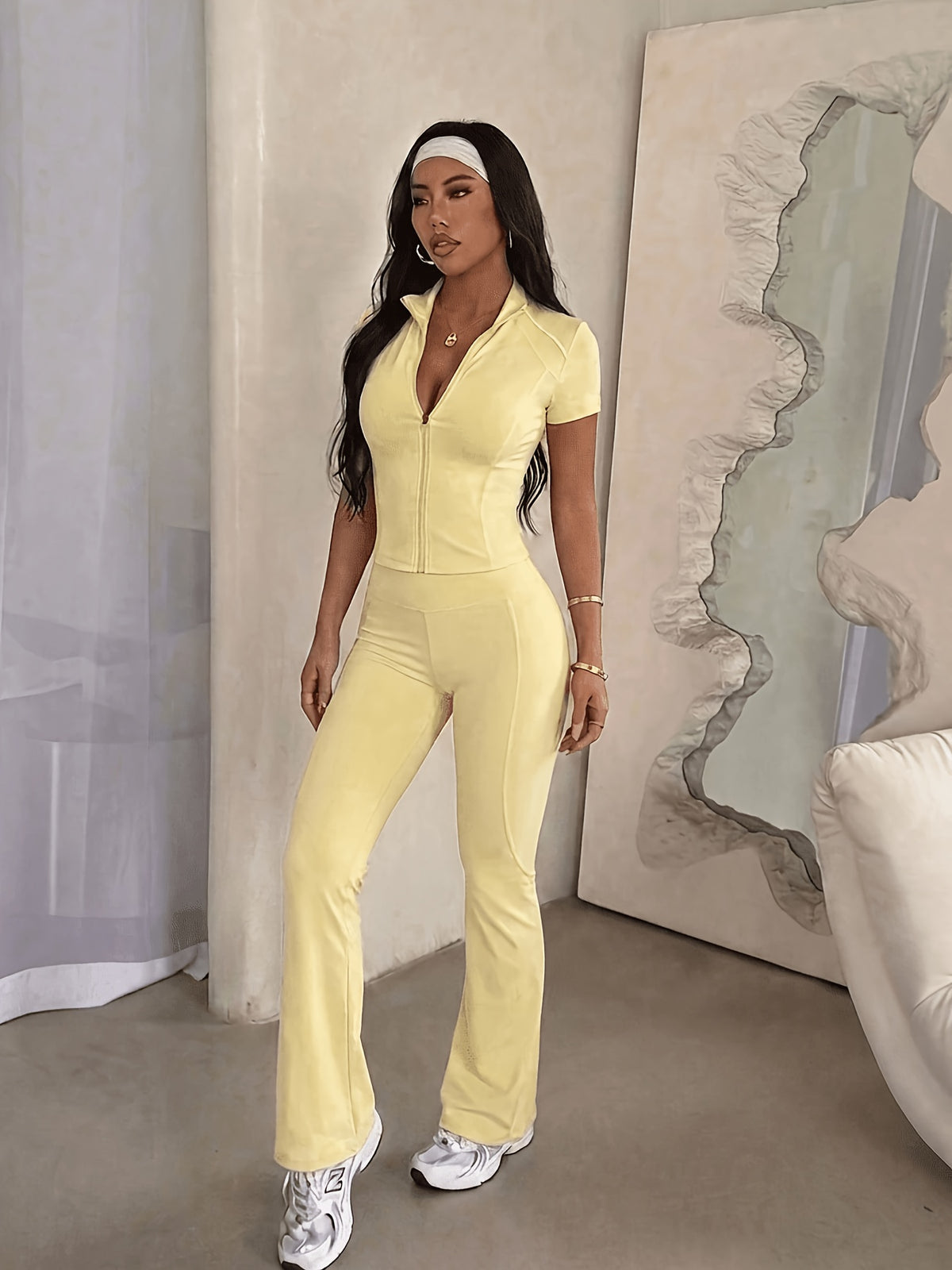 Short Sleeve Zip Top & Flare Pants Set - Light Yellow
