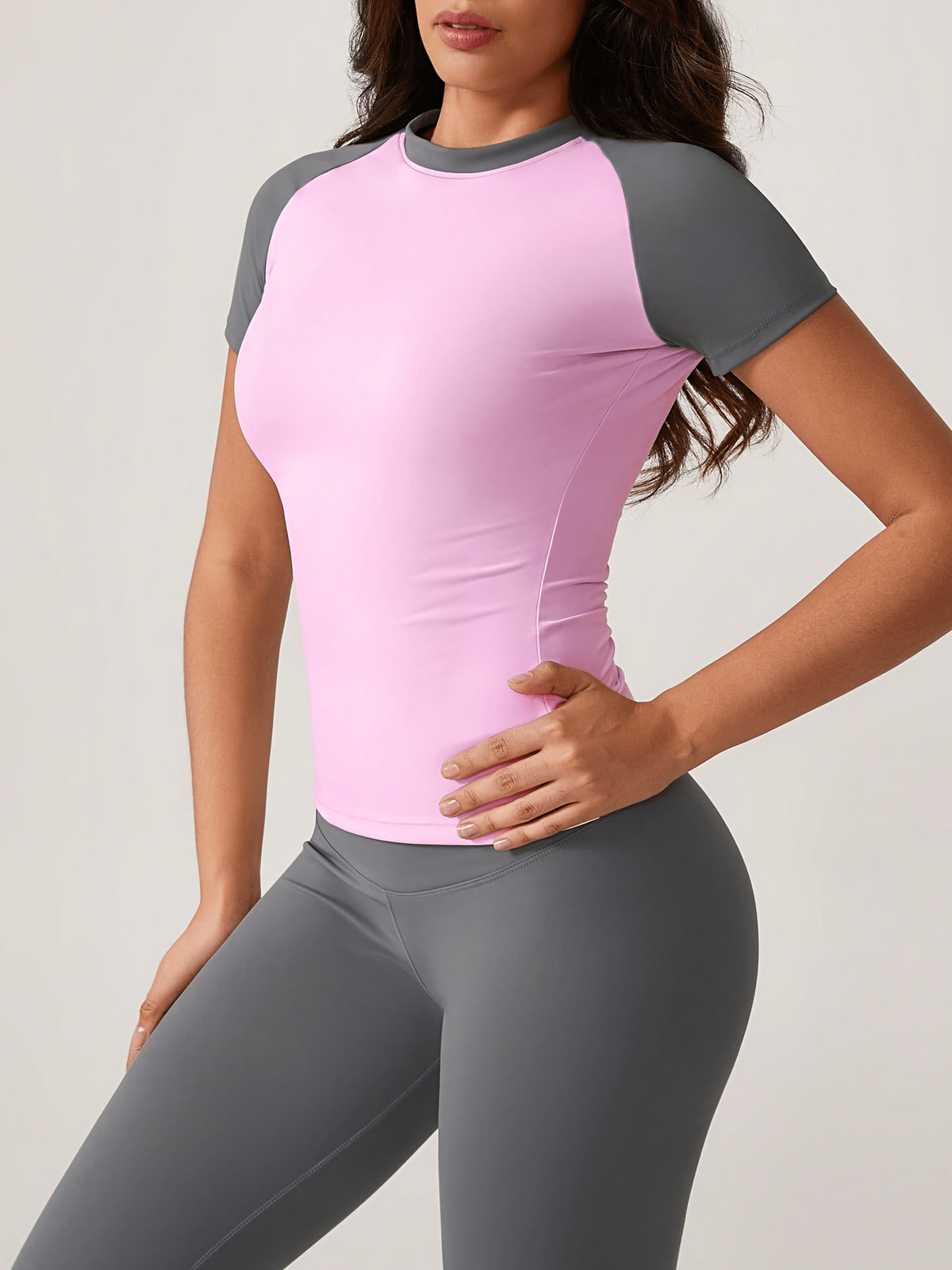 Colour Block Tee & Leggings Set - Pink & Grey