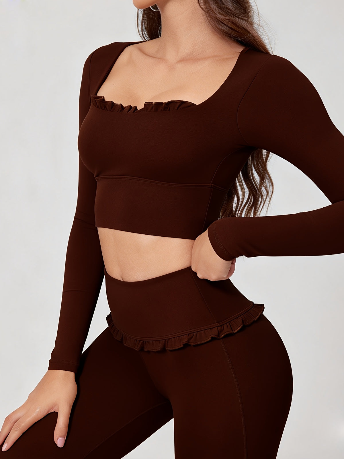Padded Long Sleeve Fitted Top - Coffee