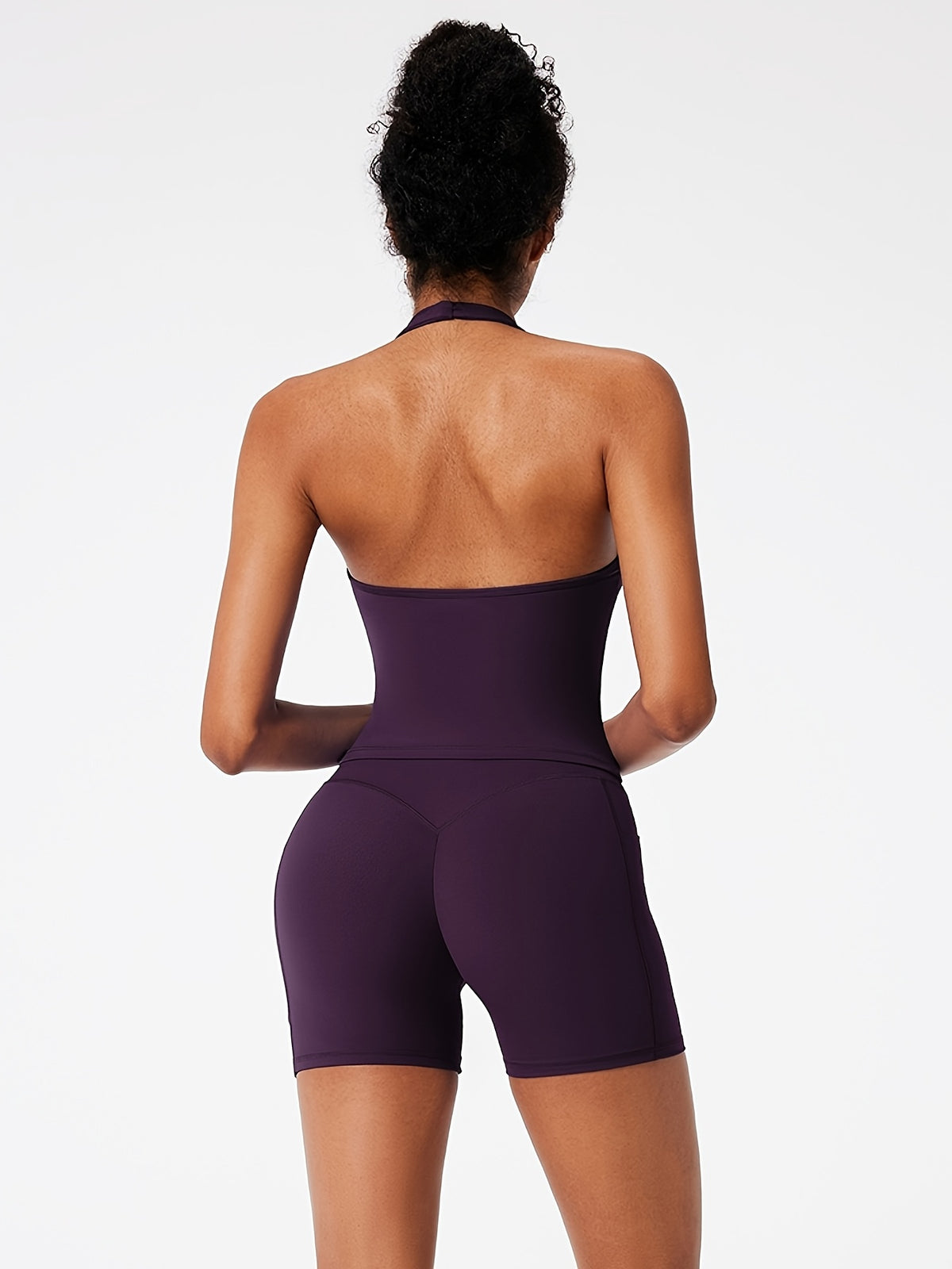 V-Neck Backless Vest & Pocket Shorts Set - Fuchsia
