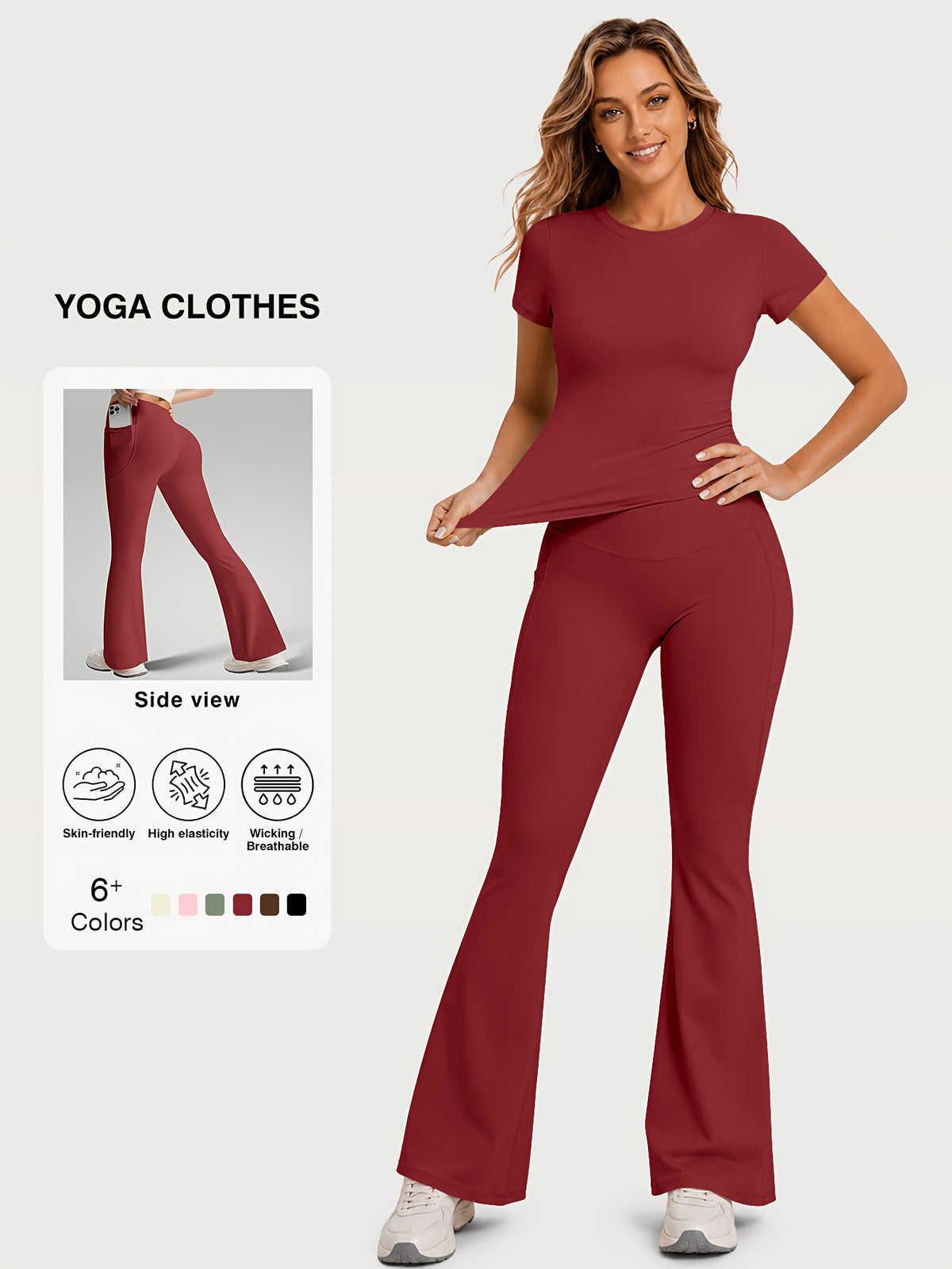 Fitted Tee & Flare Pants Set - Burgundy