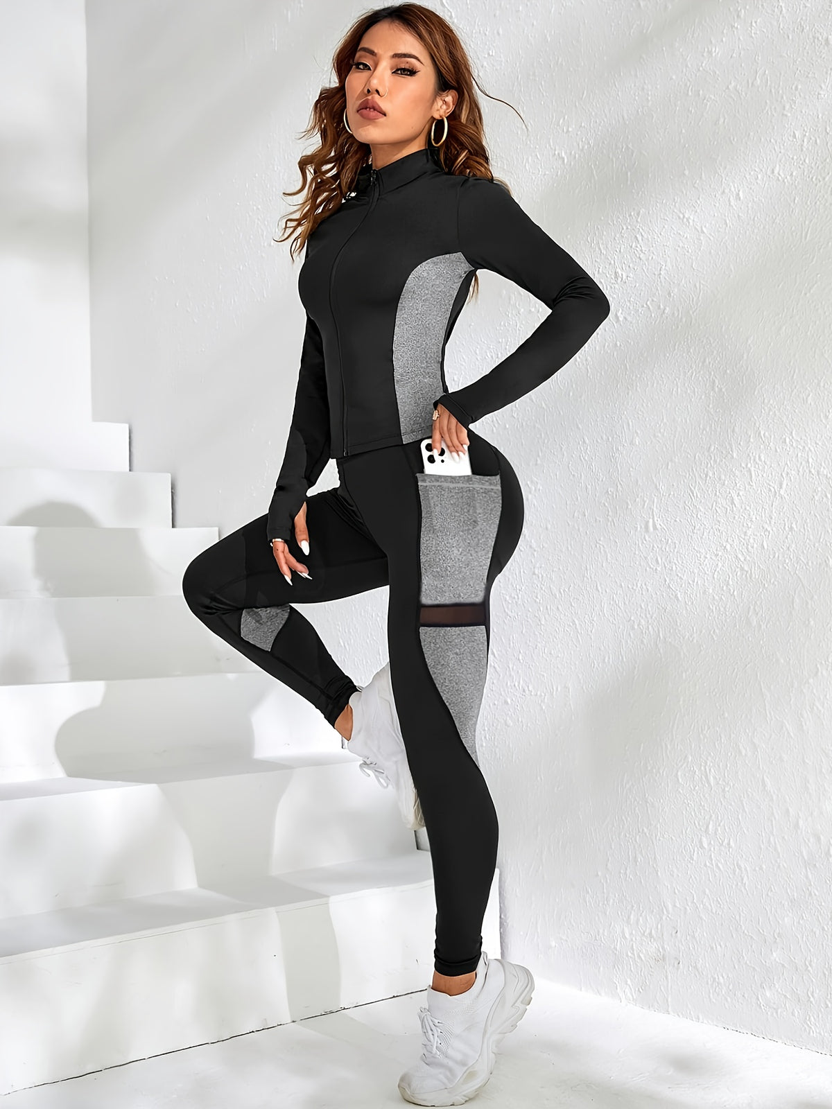 Stand Collar Zip Pocket Top & Mesh Pants Set - Black & Grey