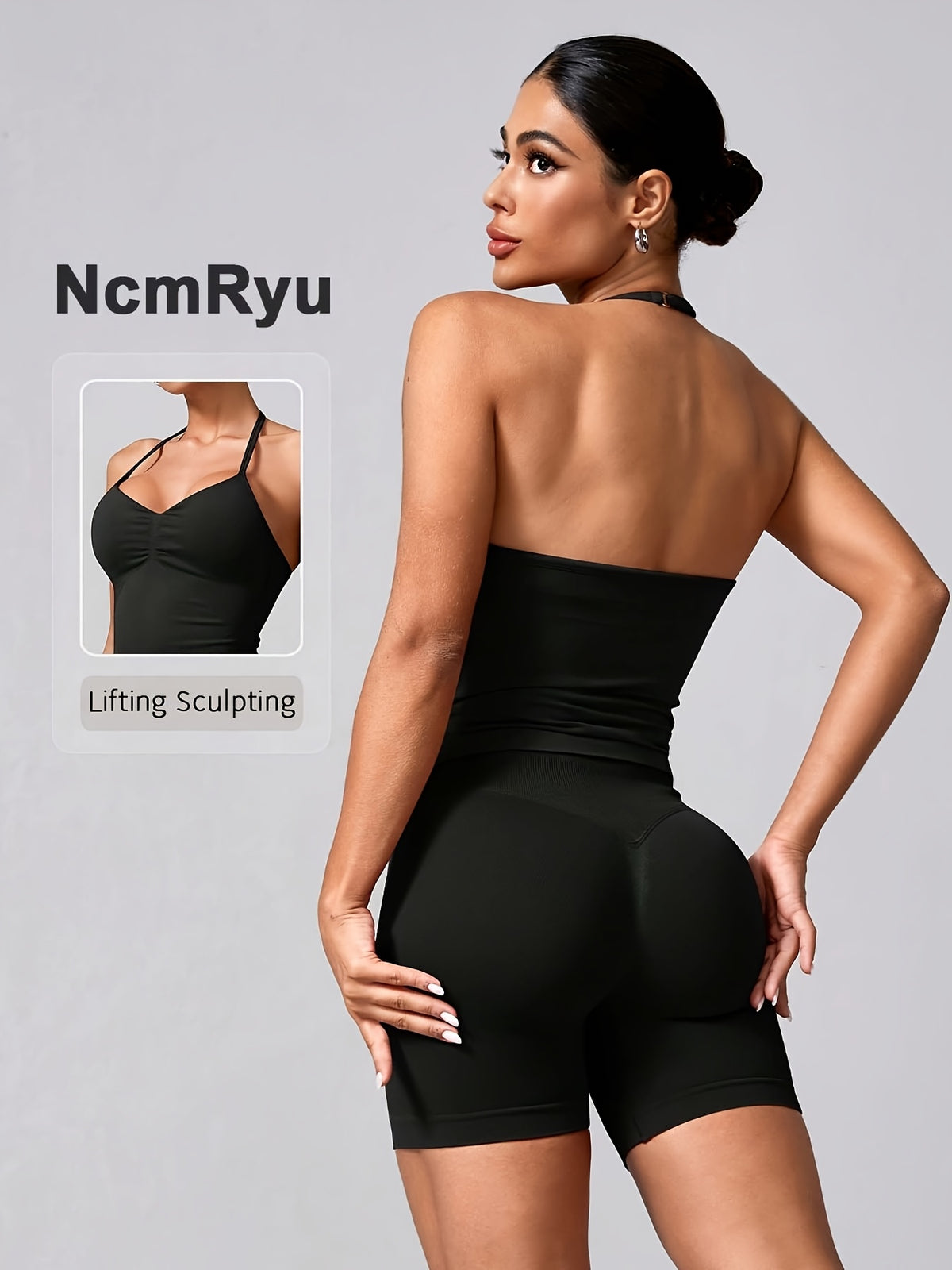 V Neck Halter Top & Shorts Set - Black