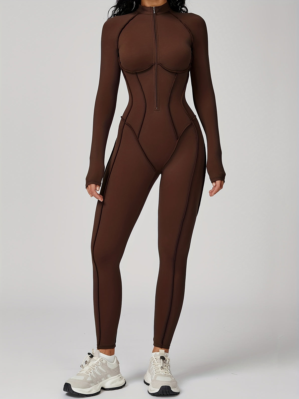 Half Zip Long Sleeve Jumpsuit - Coffee