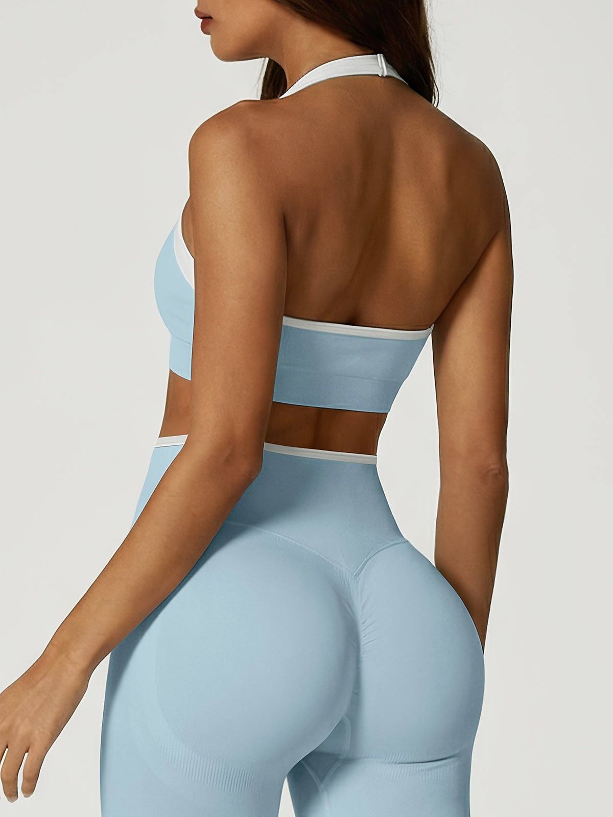 Contrast Trim Halter Bra & Shorts Set - Baby Blue