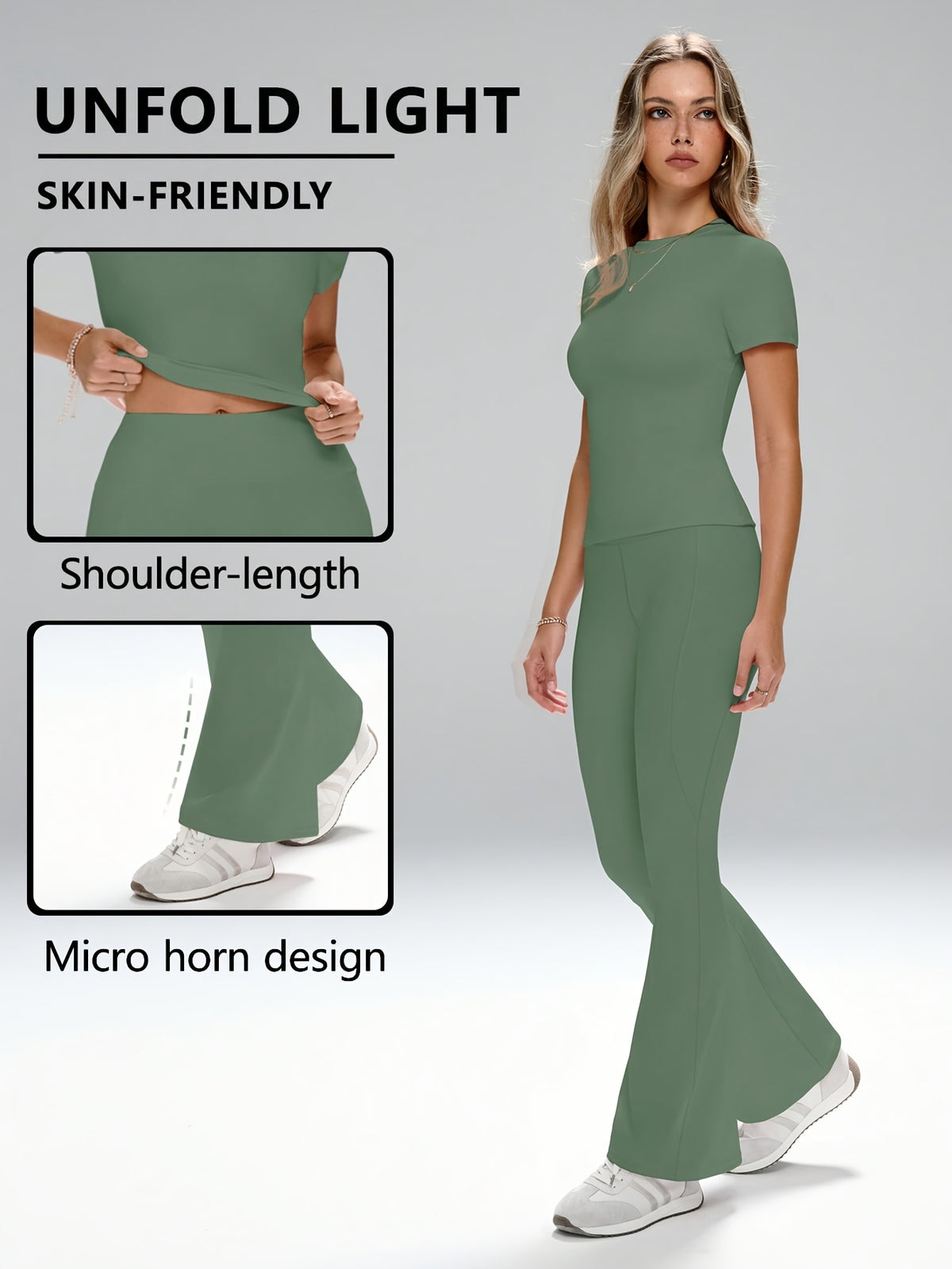 Short Sleeve Top & Flare Pants Set - Dark Green