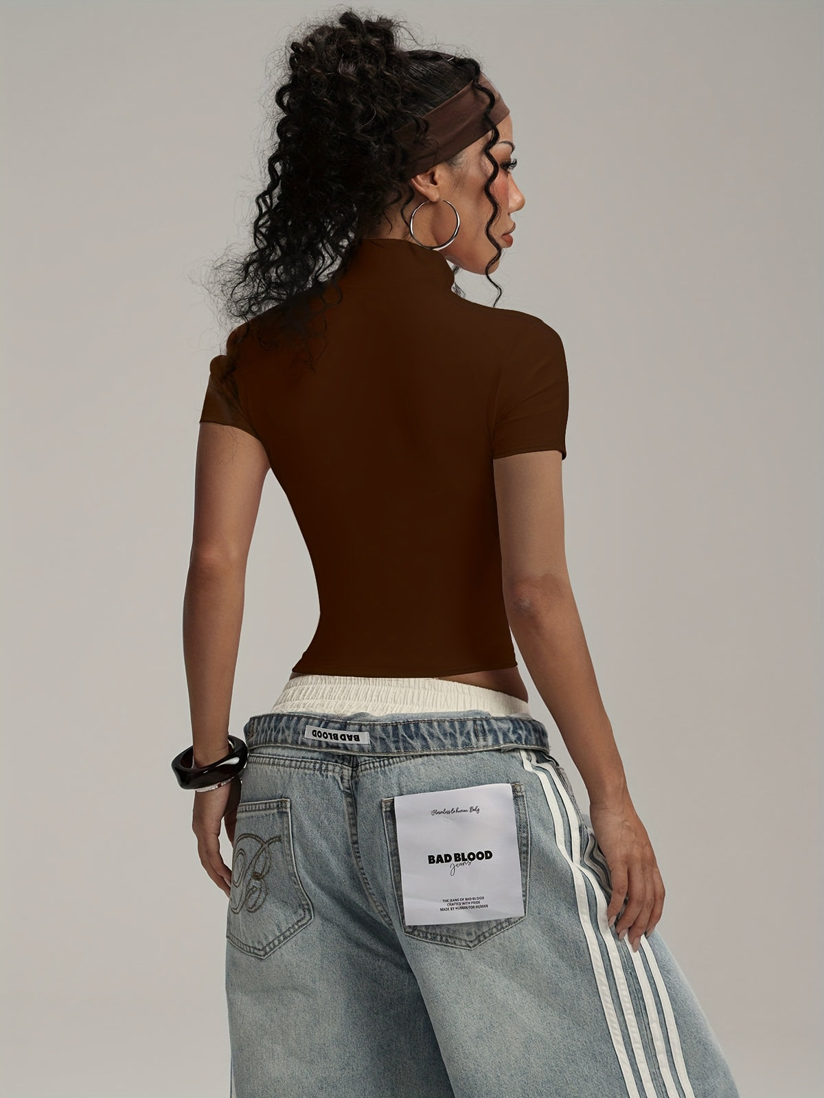 Short Sleeve Zip Top - Dark Brown