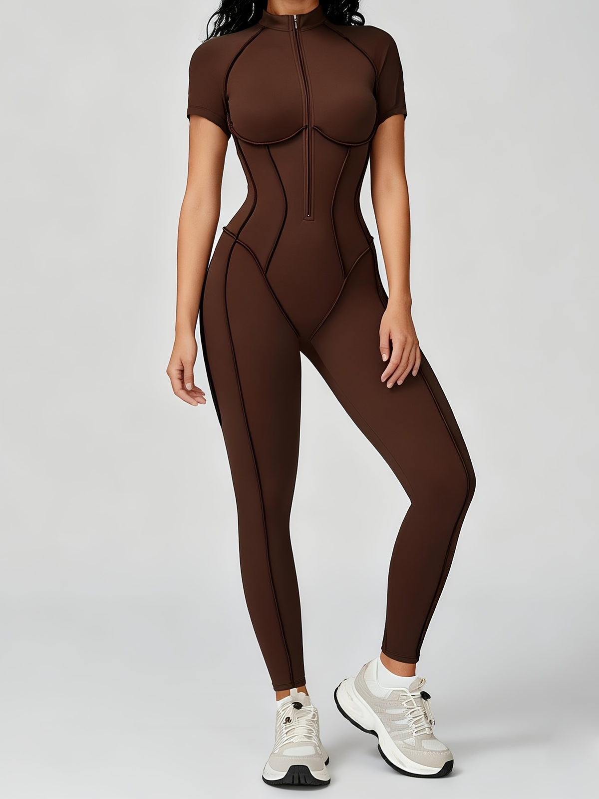Short Sleeve Half Zip Jumpsuit - Coffee