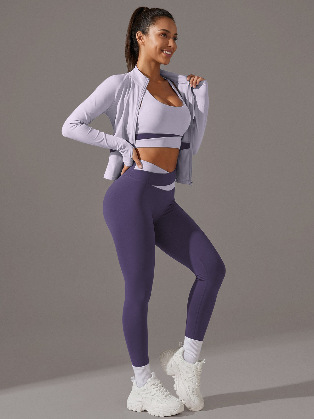 Colour Block Thumbhole Jacket 3 Piece Set - Light Purple & Purple
