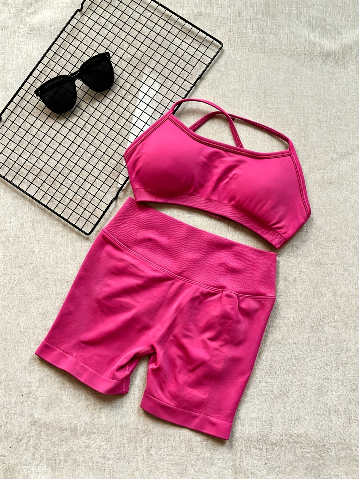 Cross Back Seamless Bra & Shorts Set - Rose