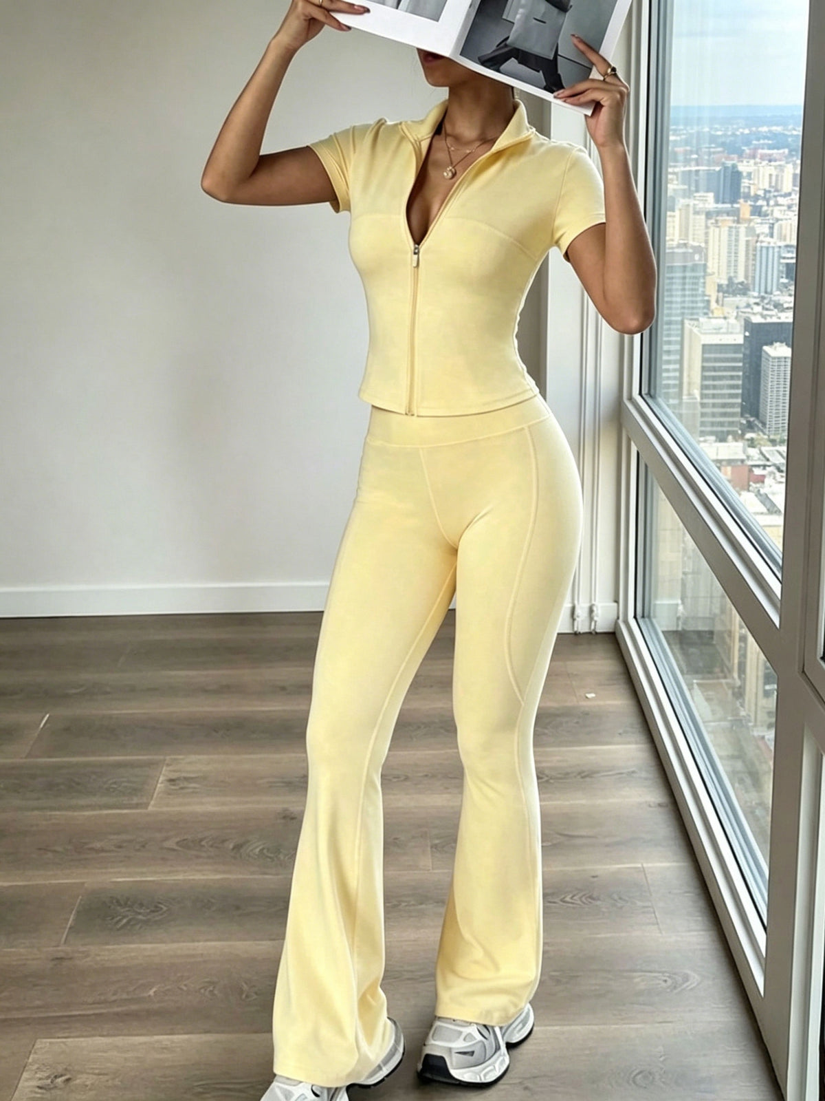 Thumb Loop Zip Jacket & Flare Pants Set - Bright Yellow