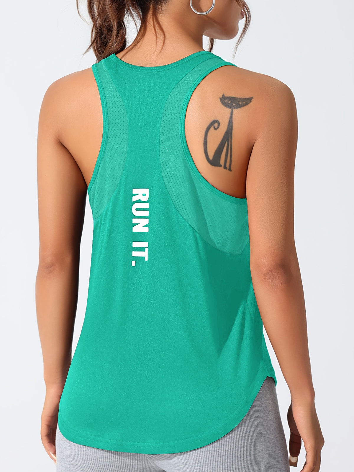 Mesh Panel Letter Print Tee & Vest Set - Black & Green