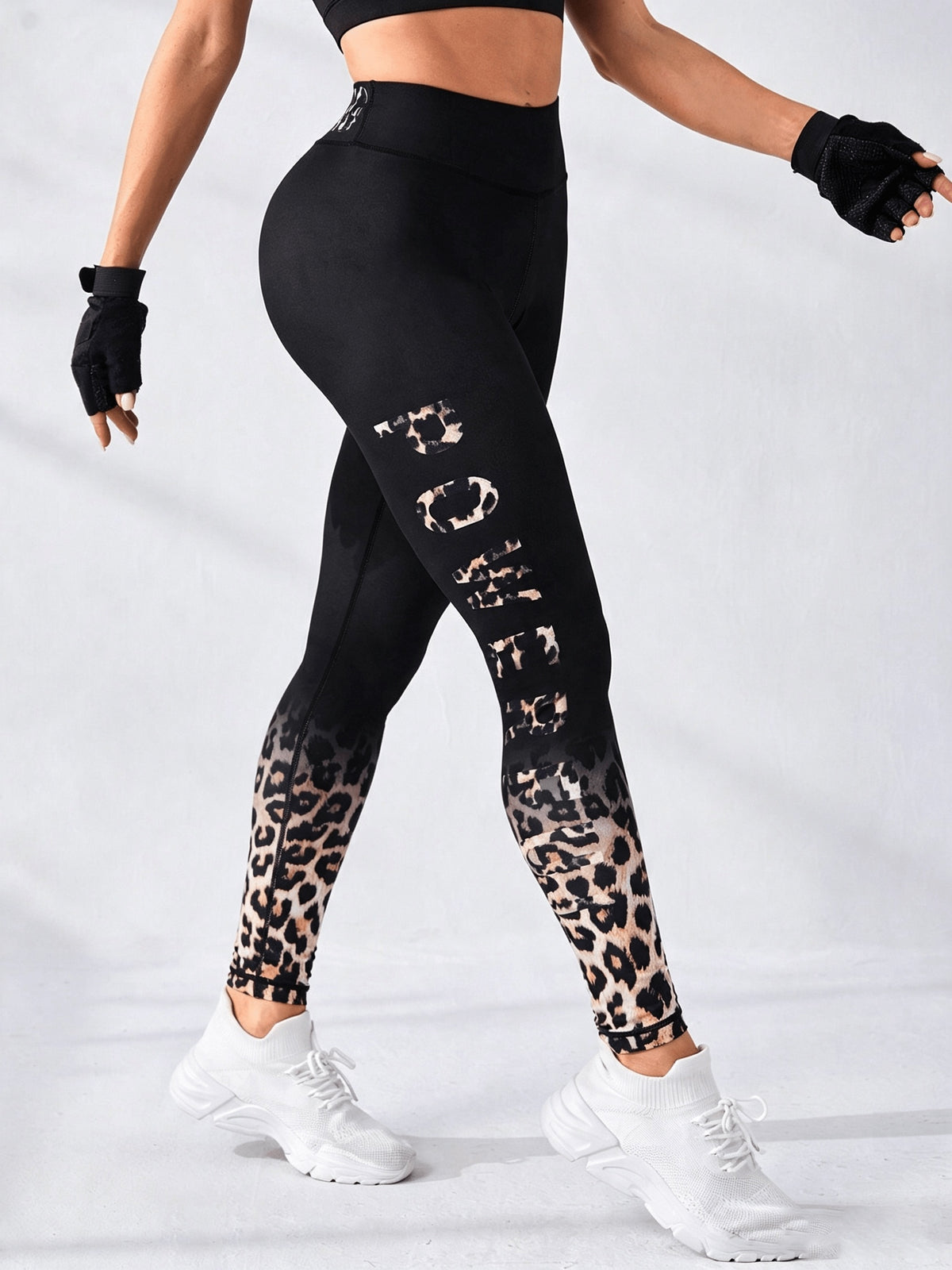 Leopard Letter Waistband Leggings - Black