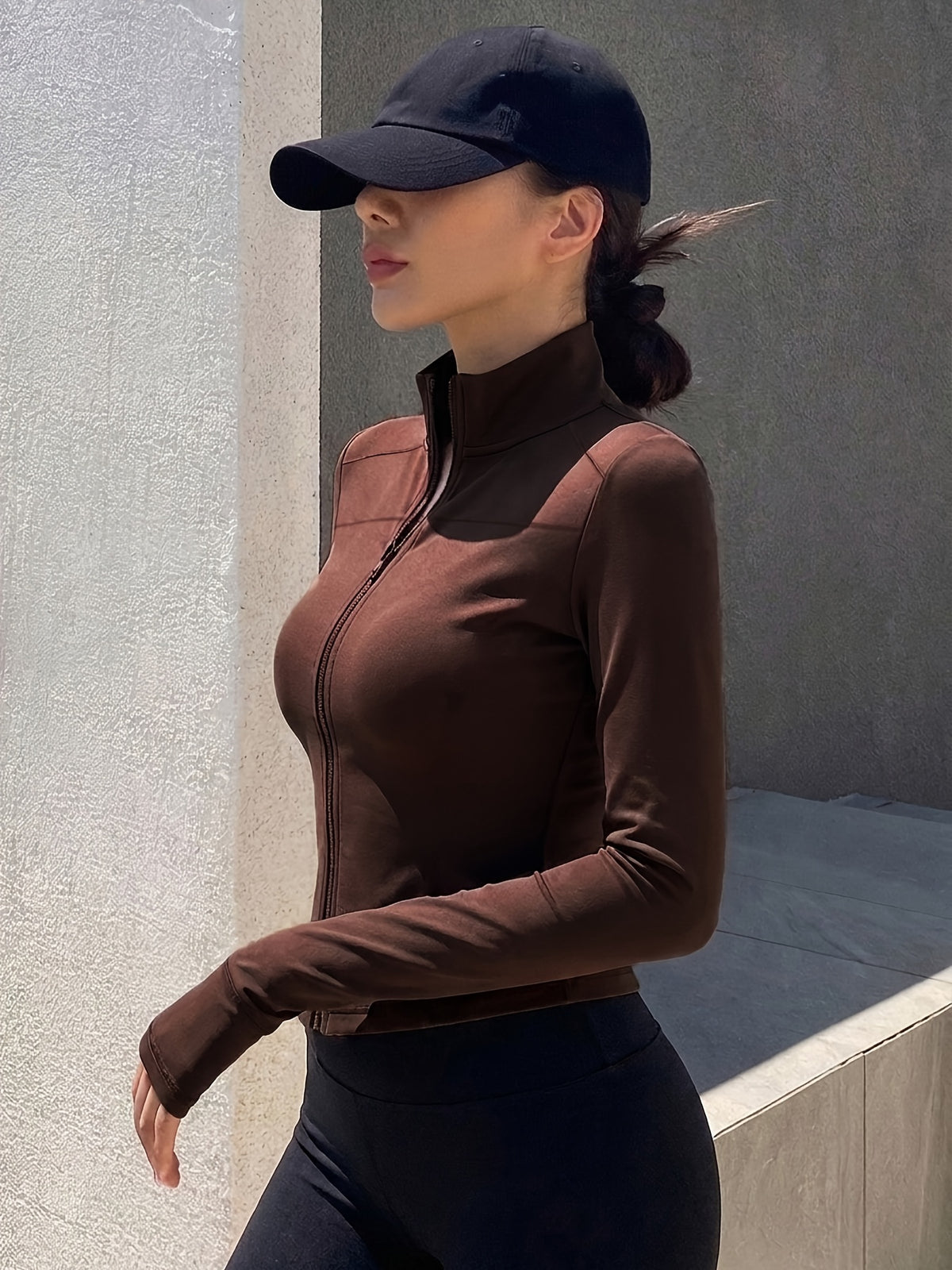 Lined Stand Collar Cropped Zip Jacket - Coffee