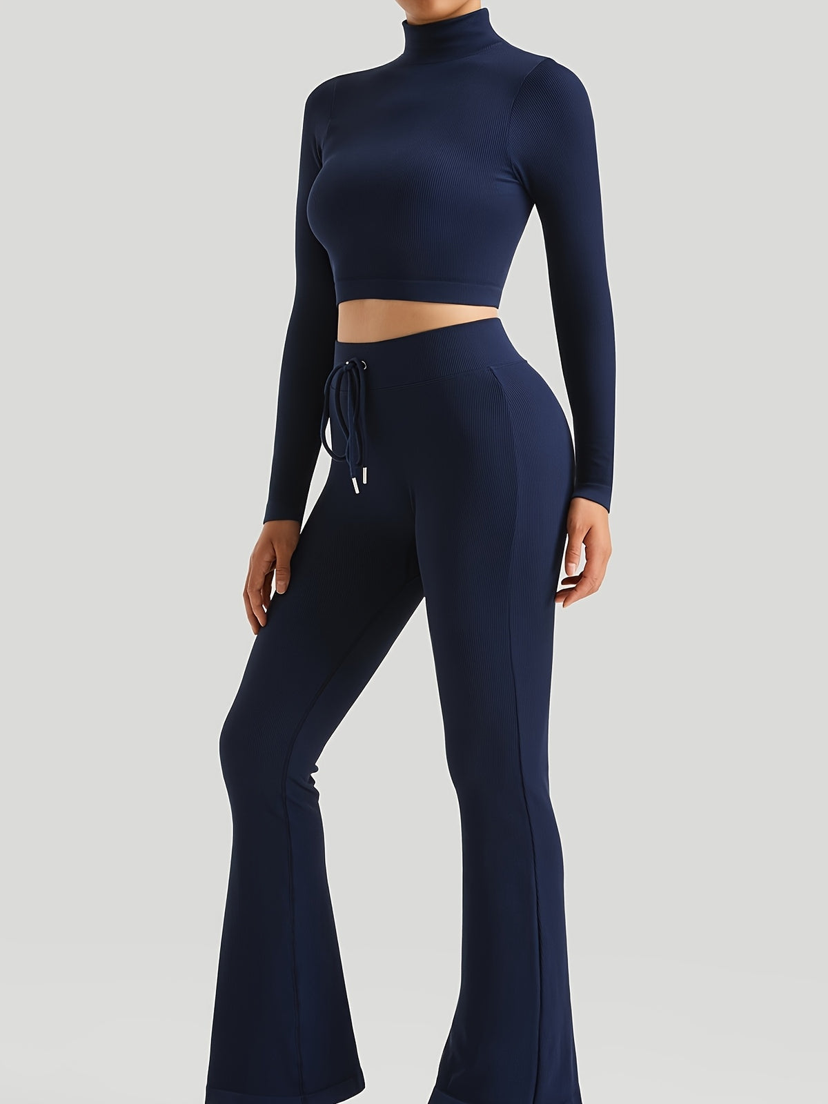 High Neck Crop Top & Drawstring Flare Set - Navy
