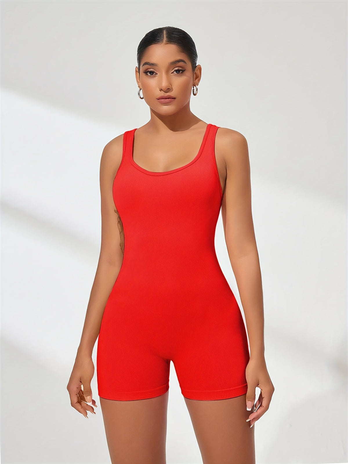Ribbed Scoop Back Shorts Bodysuit - Red