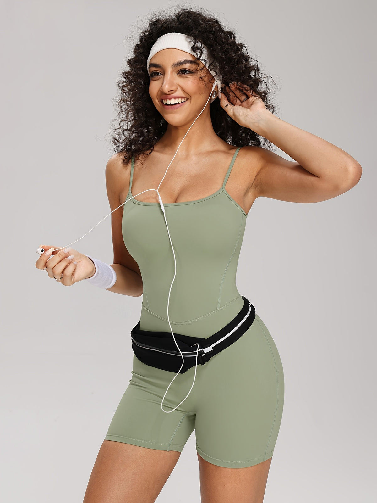 Square Neck Strappy Short Bodysuit - Matcha