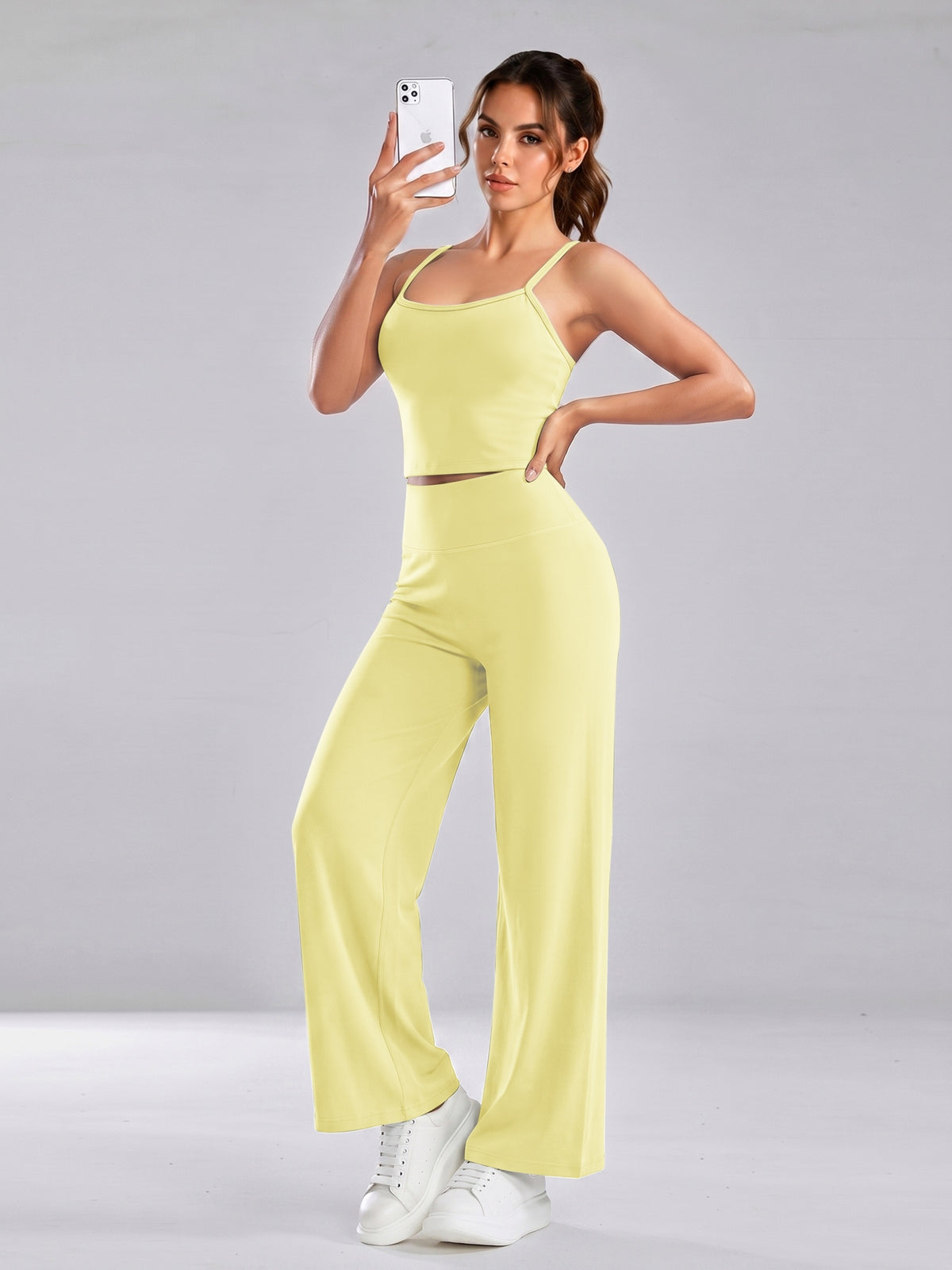 Cross Back Cami & Wide Leg Pants Set - Yellow
