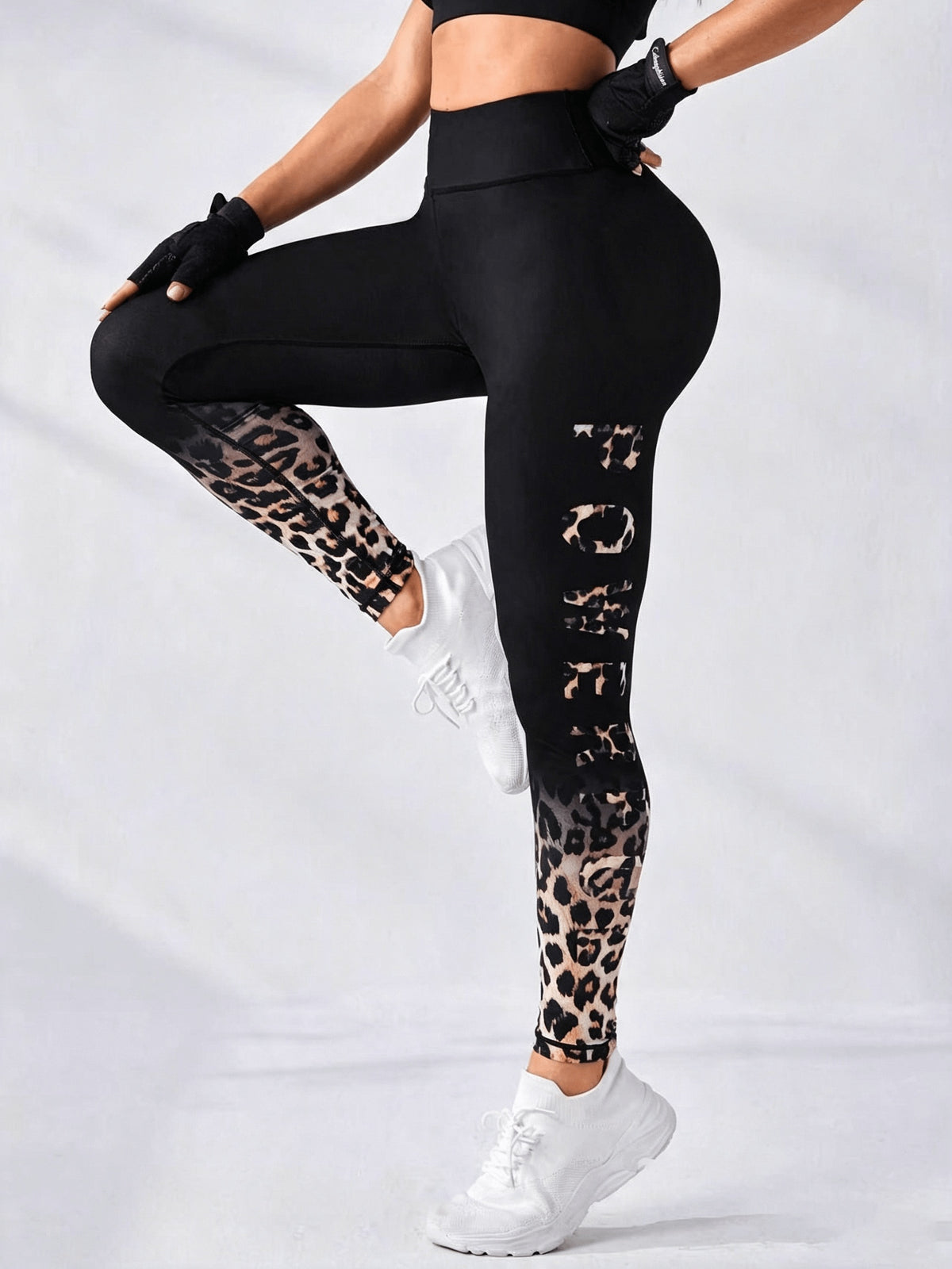 Leopard Letter Waistband Leggings - Black