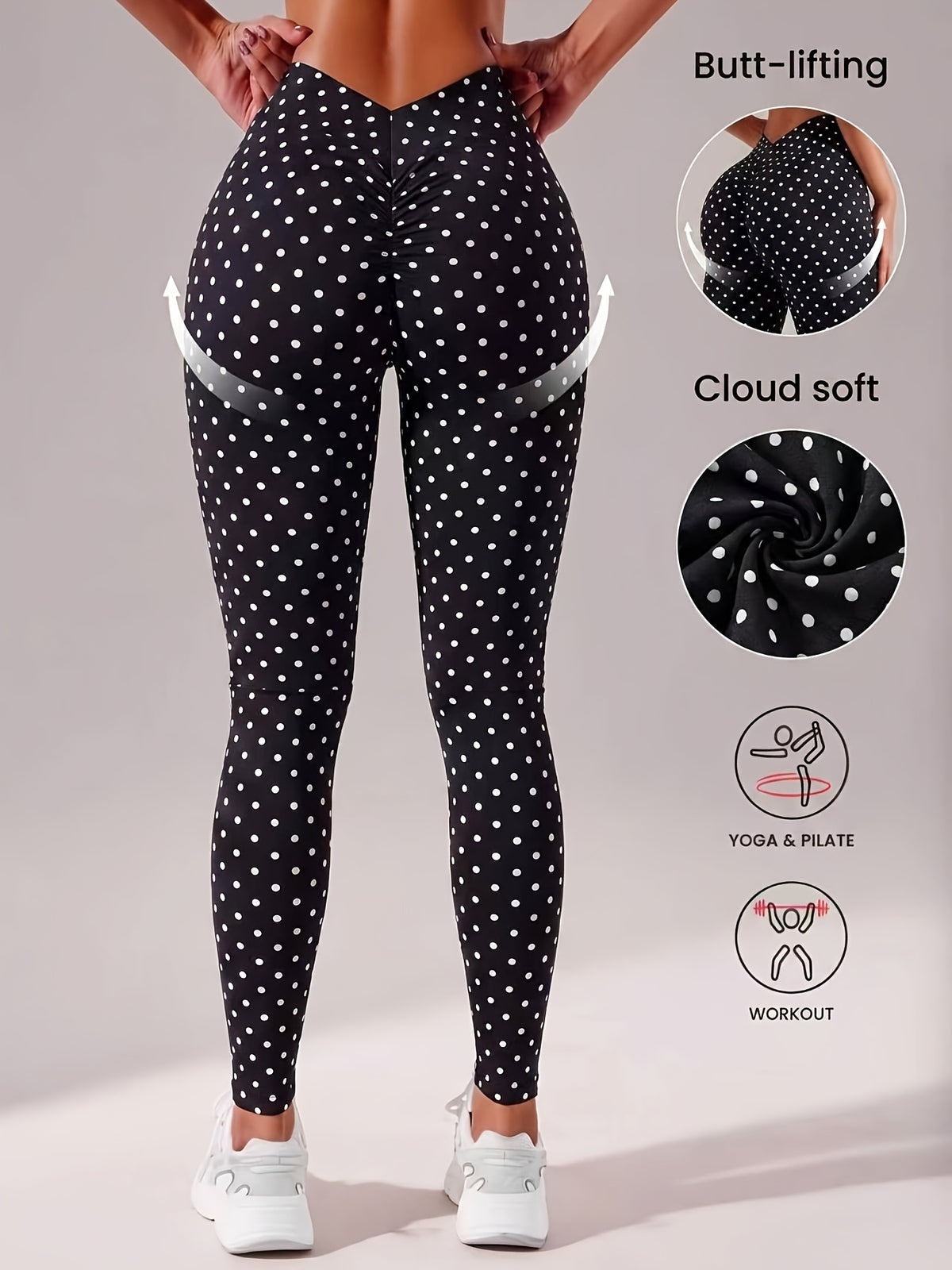Polka Dot V Back Waist Leggings - Black And White Dots