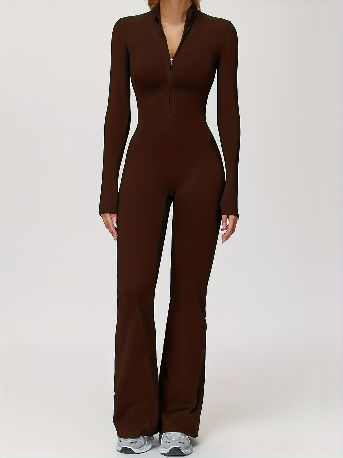 Long Sleeve Zip Flared Jumpsuit - Coffee
