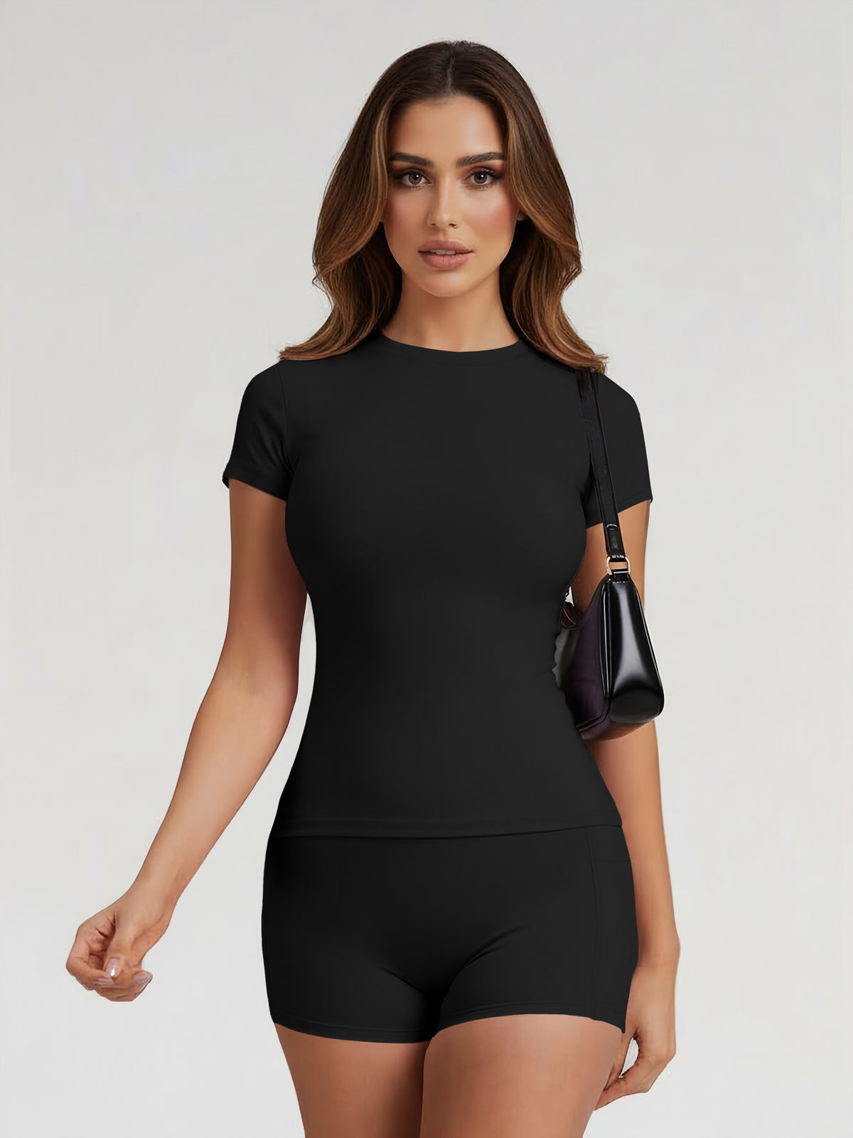 Tummy Control Top & Pocket Shorts Set - Black