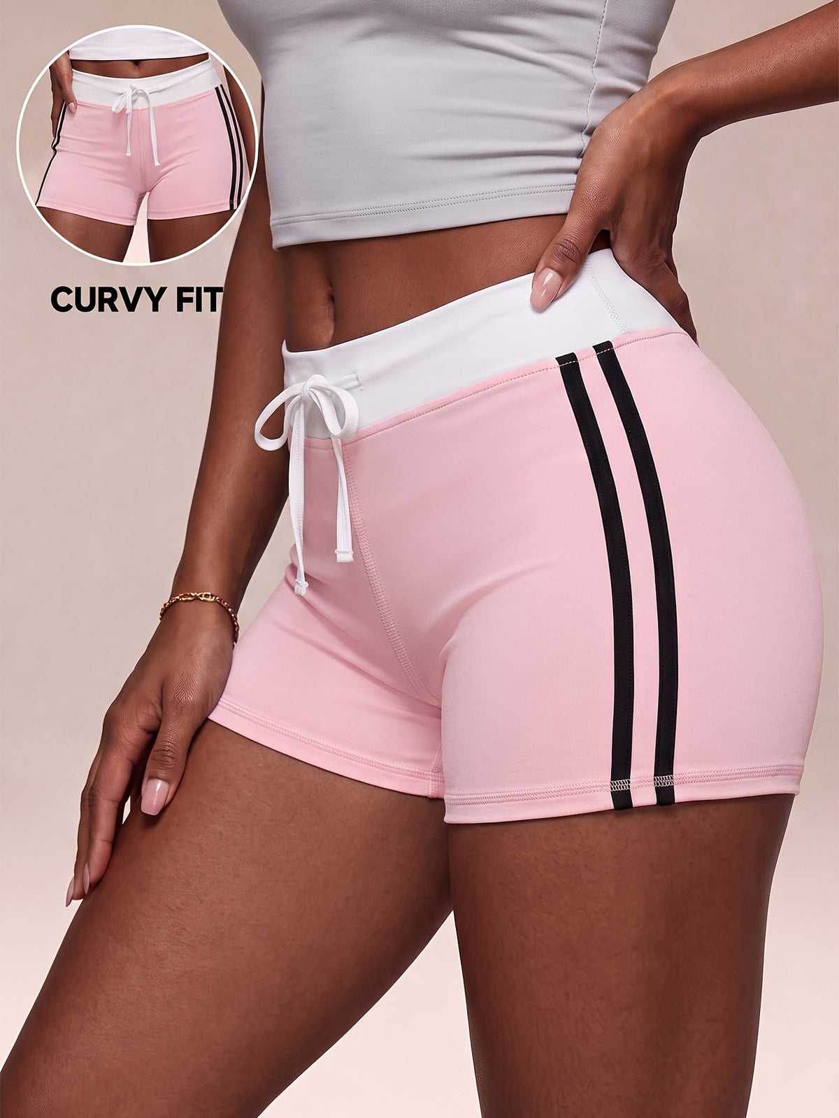 Side Stripe Drawstring Shorts - Pink