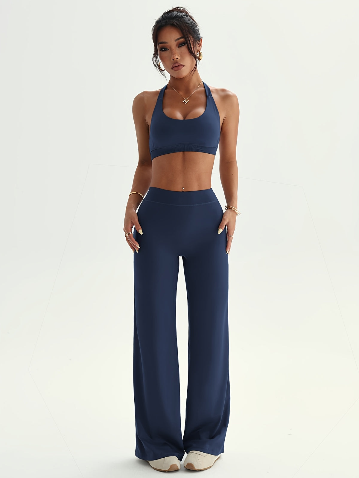 Shaper Top & Straight Leg Pants Set - Navy
