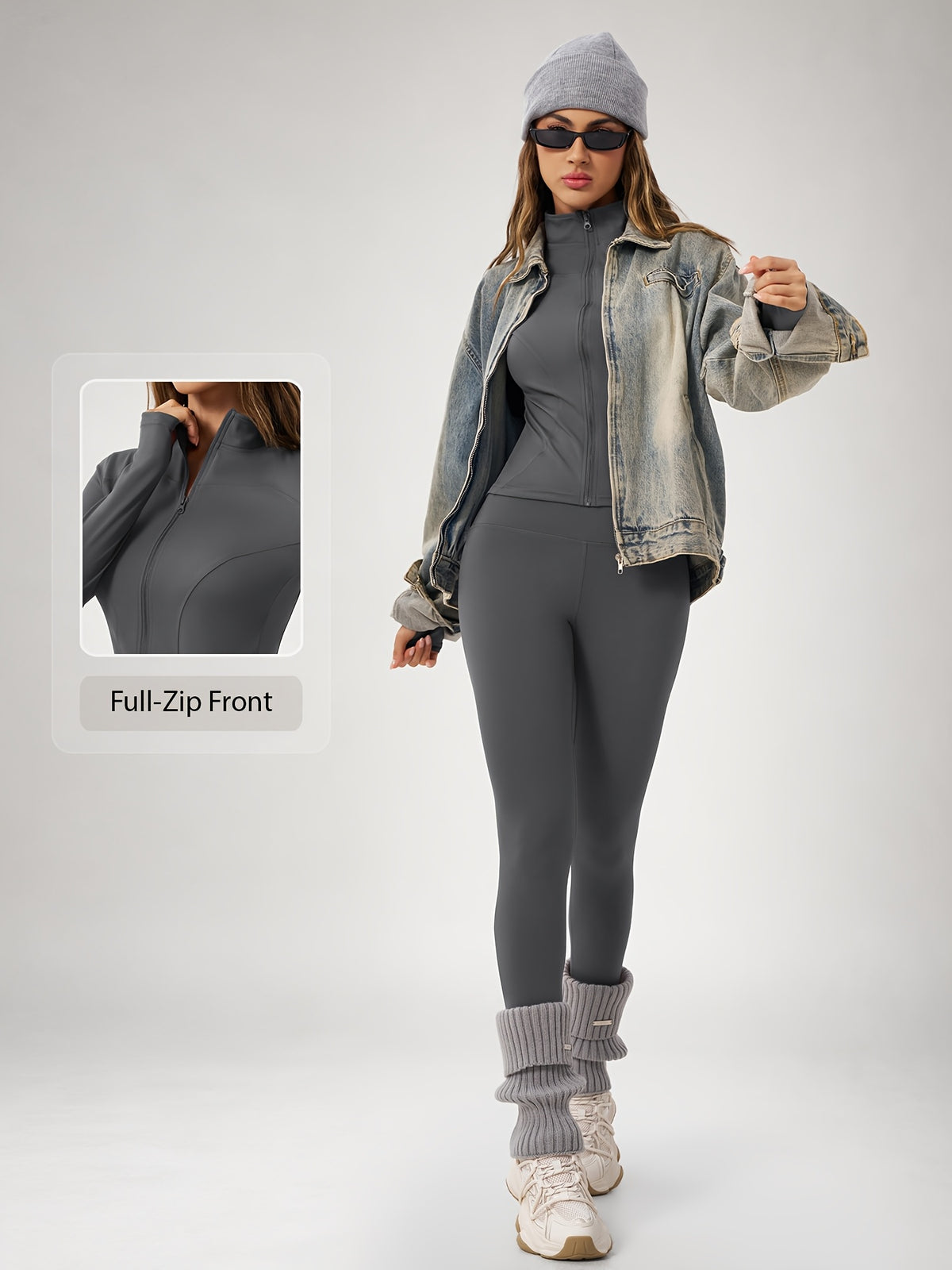 Thumbhole Cropped Zip Jacket & Leggings Set - Grey