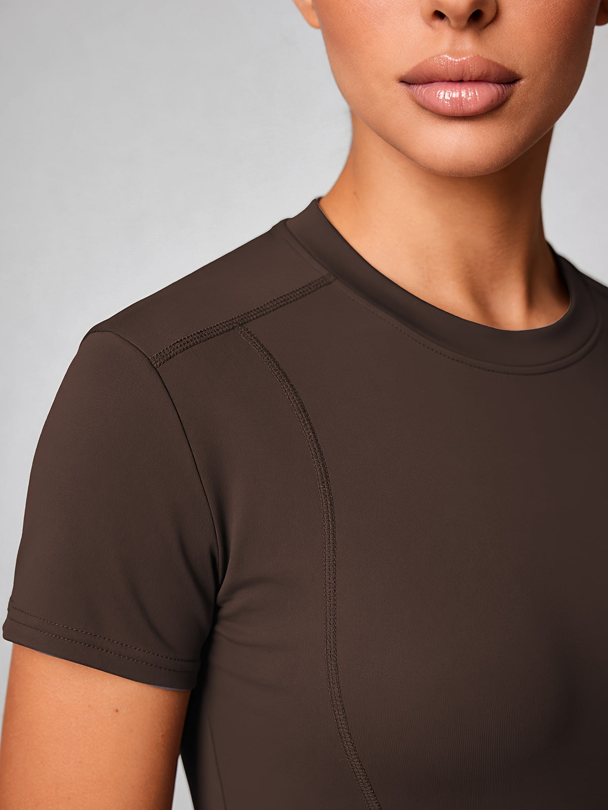 Quick-Dry Round Neck Yoga Tee - Coffee