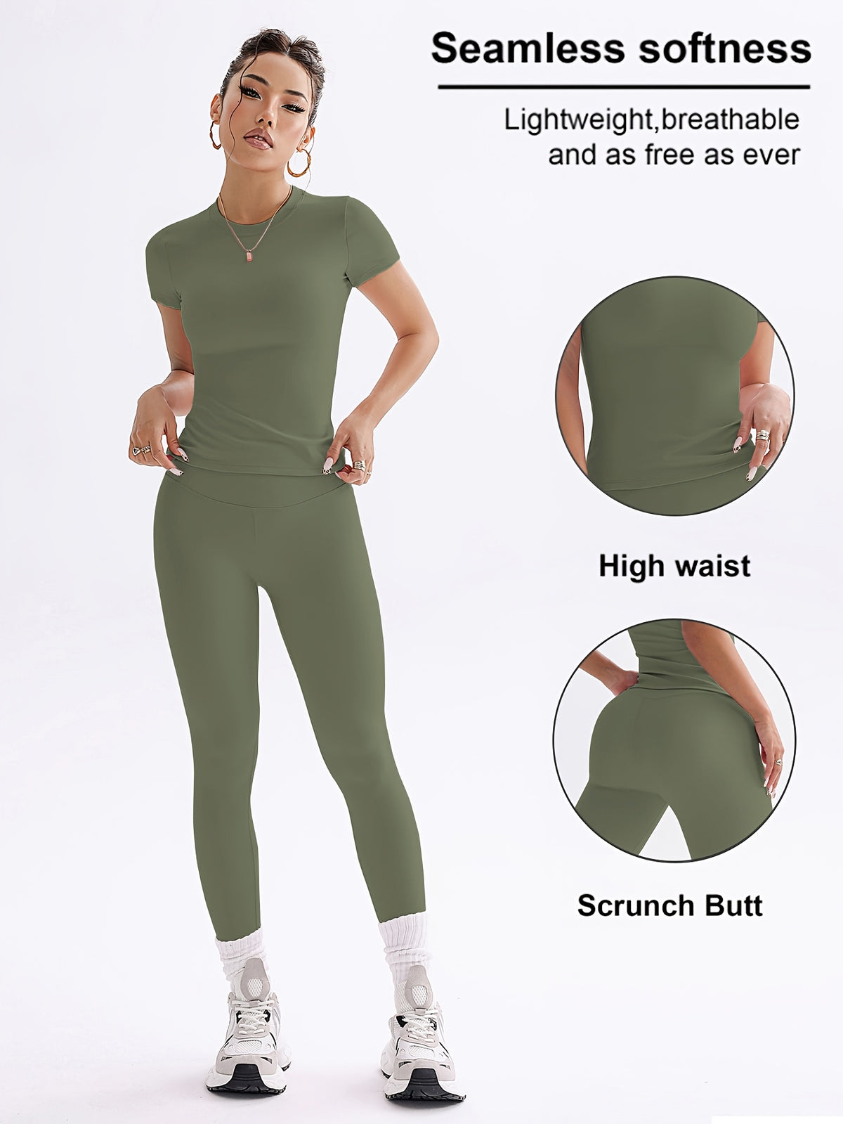Cropped Tee & Leggings Set - Dark Green