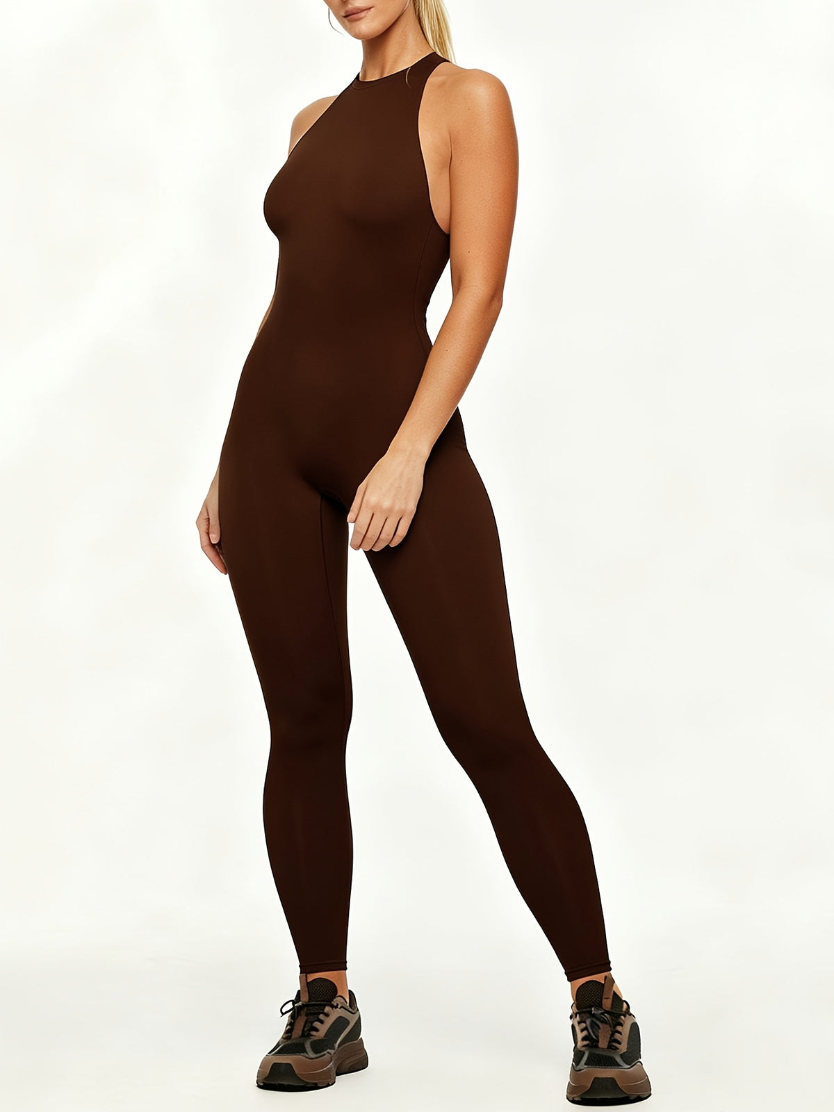 Sleeveless Back Zip Jumpsuit - Coffee
