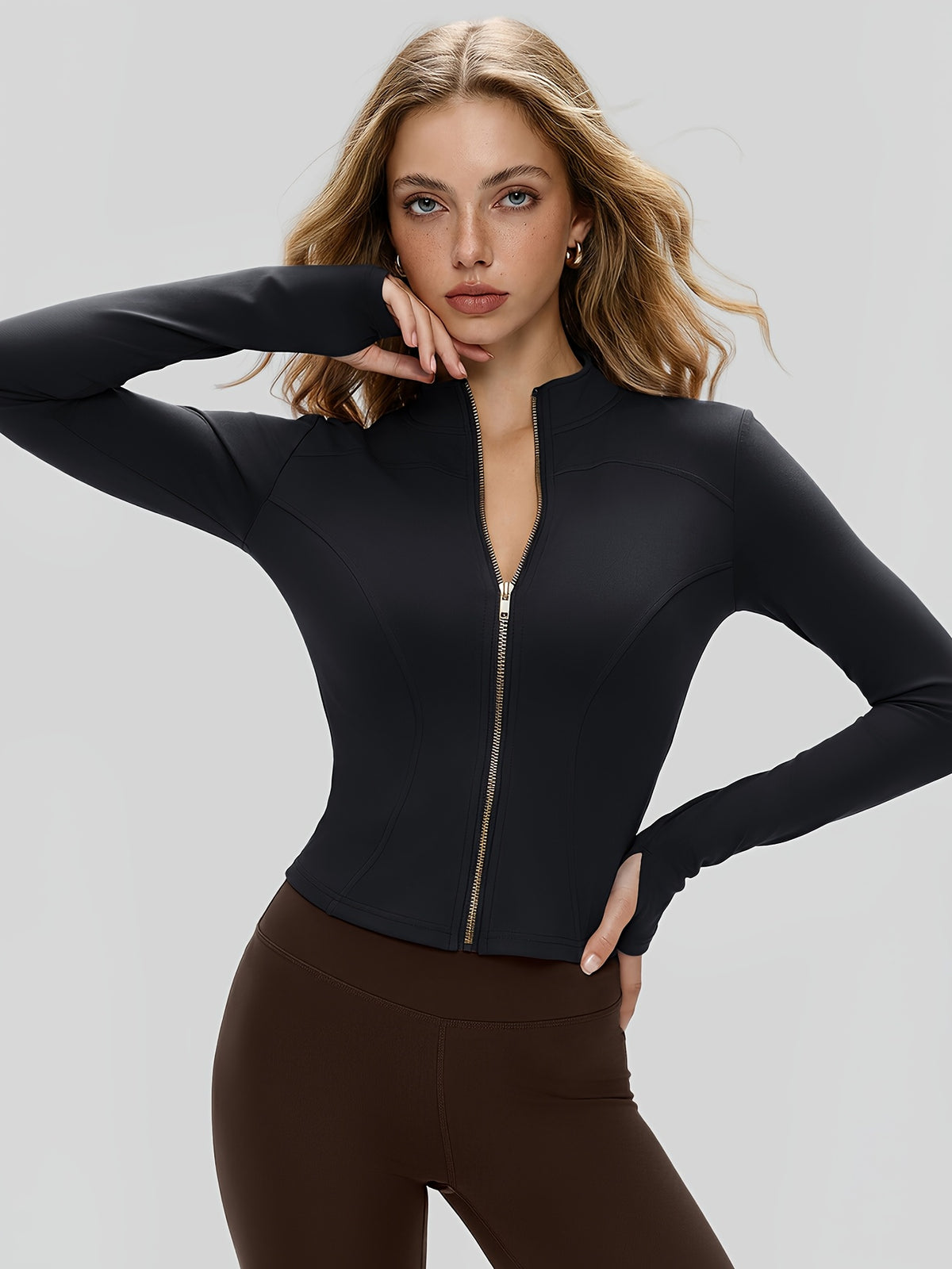 Cropped Thumbhole Zip Jacket - Black