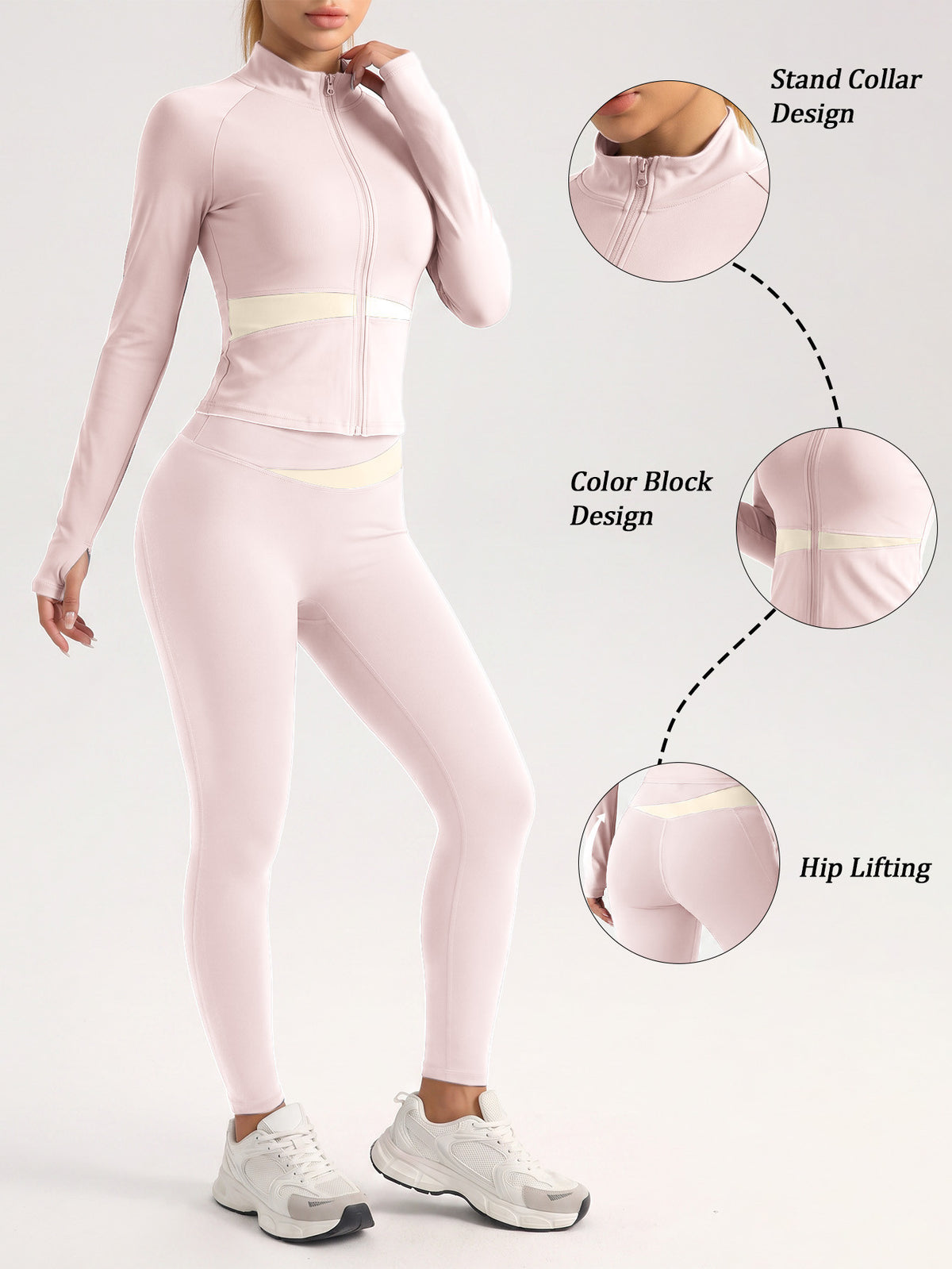 Contrast Zip Jacket & Lifting Leggings Set - Pink