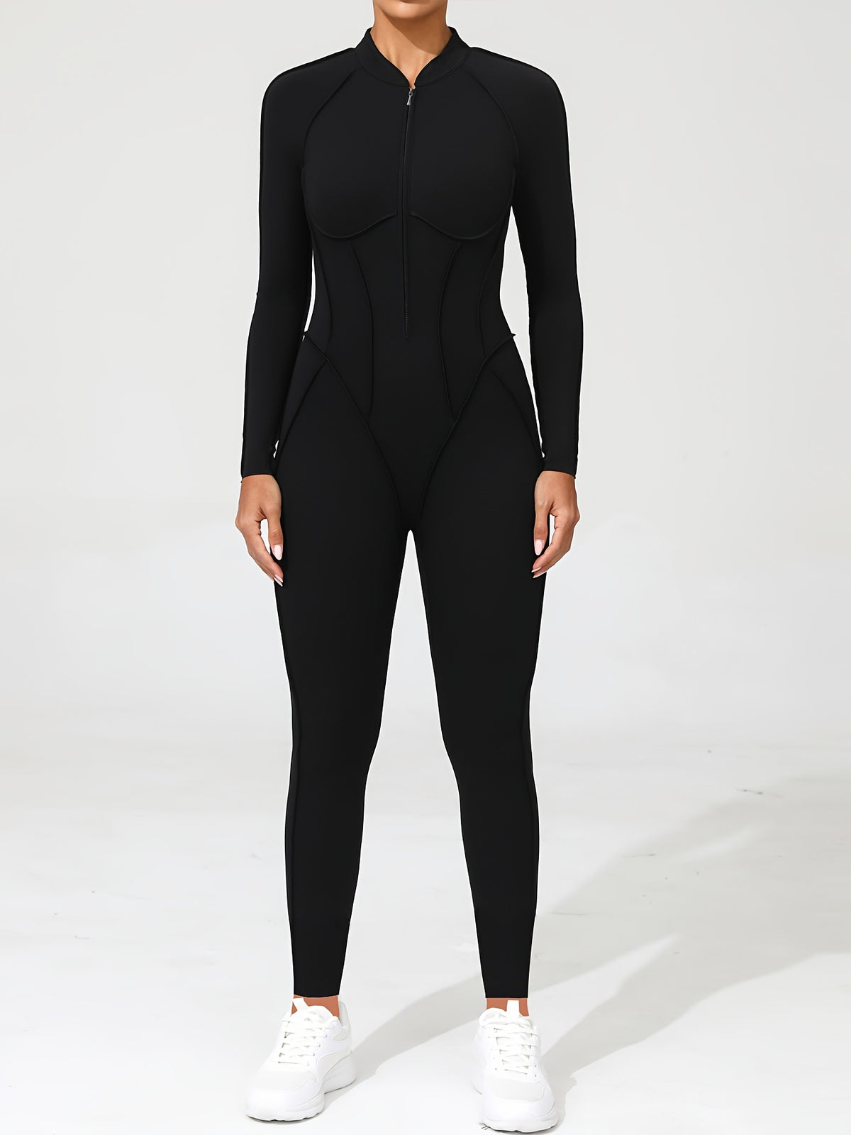 Half Zip Open Back Long Sleeve Jumpsuit - Black