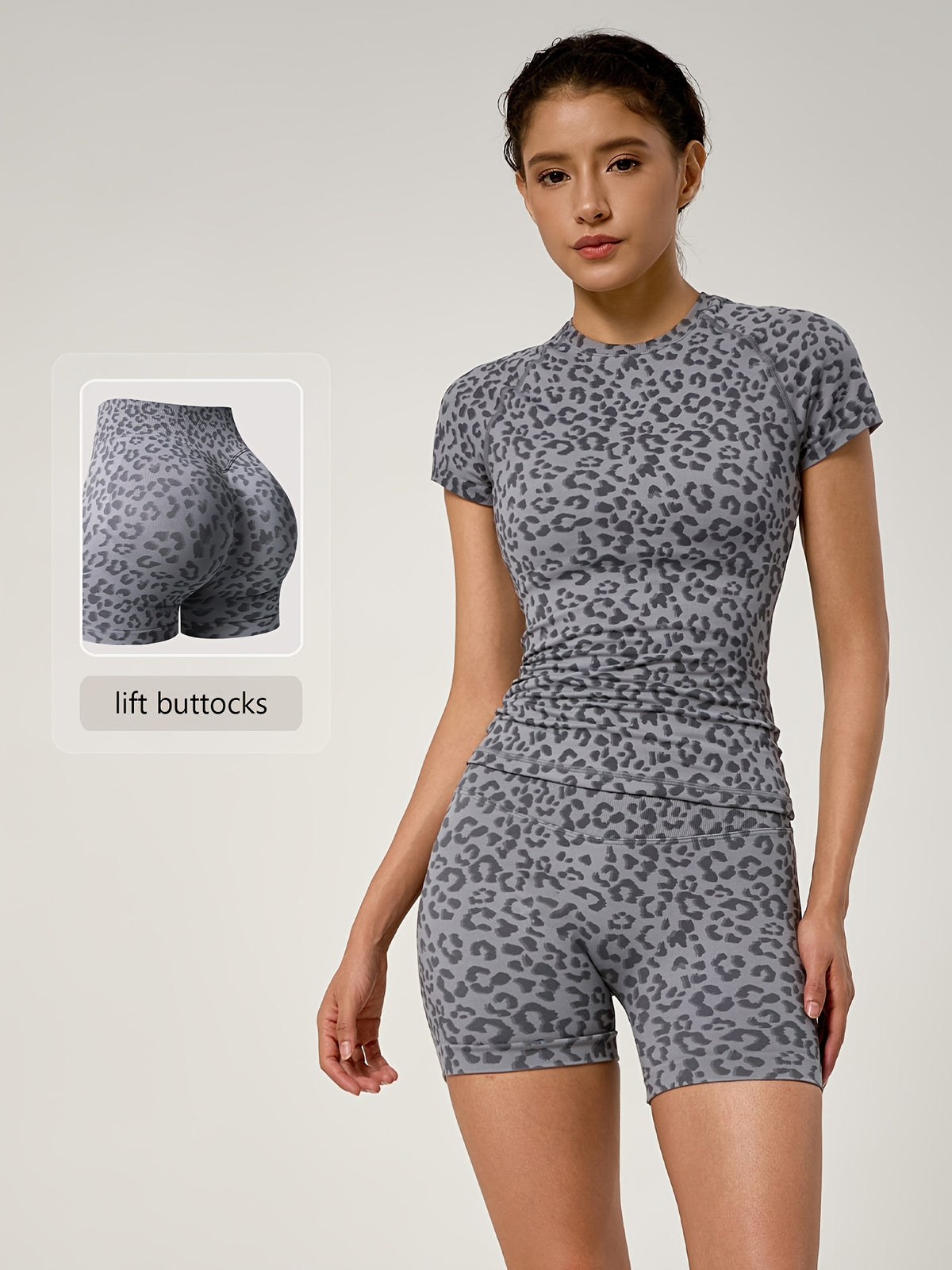 Leopard Tee & Biker Shorts Set - Grey