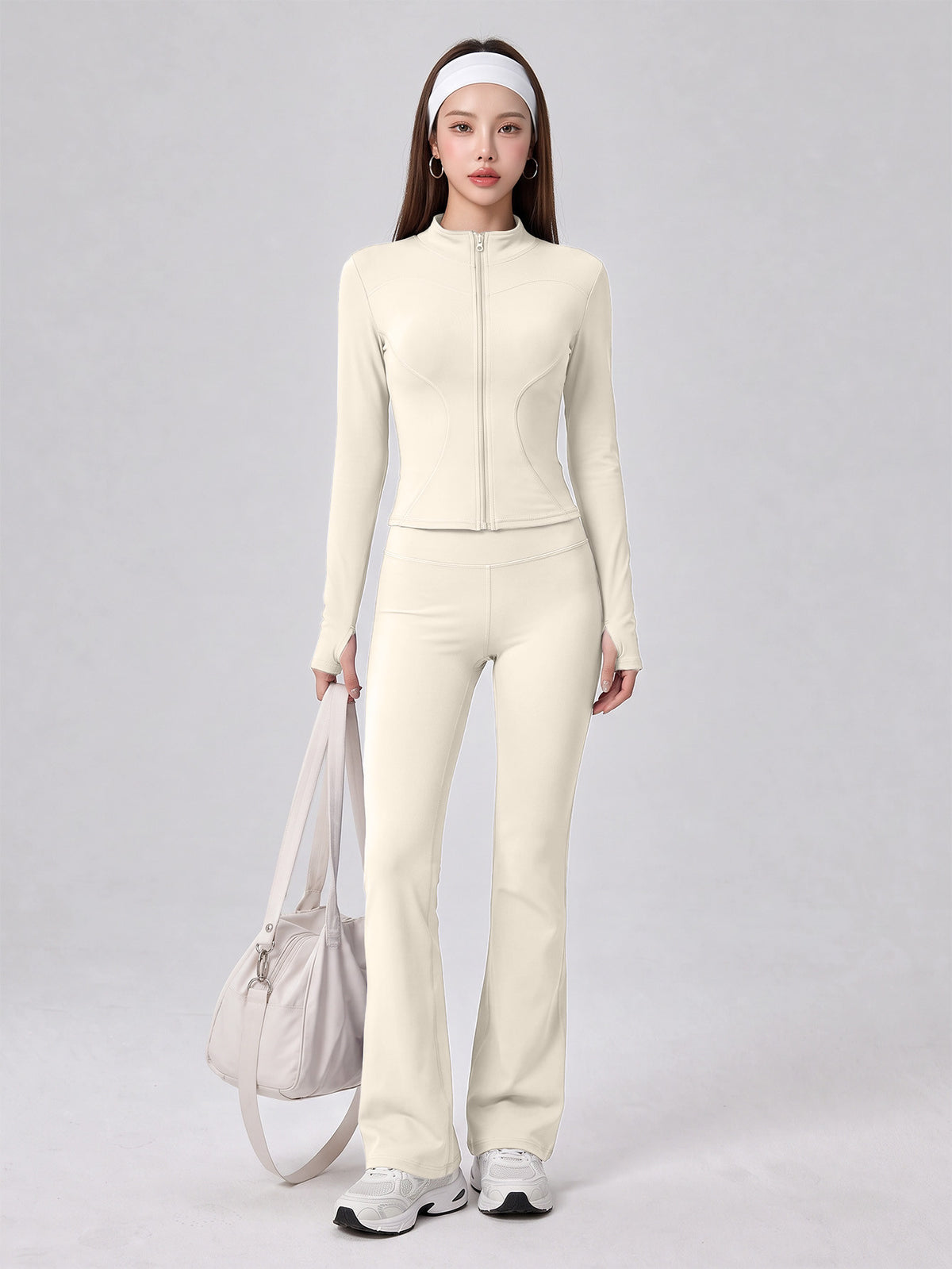 Nude Feel Zip Jacket & Flare Pants Set - Ivory White