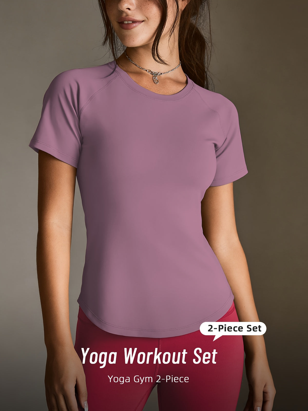 Mesh Cutout Tee & High Waist Leggings Set - Light Purple & Rose Red