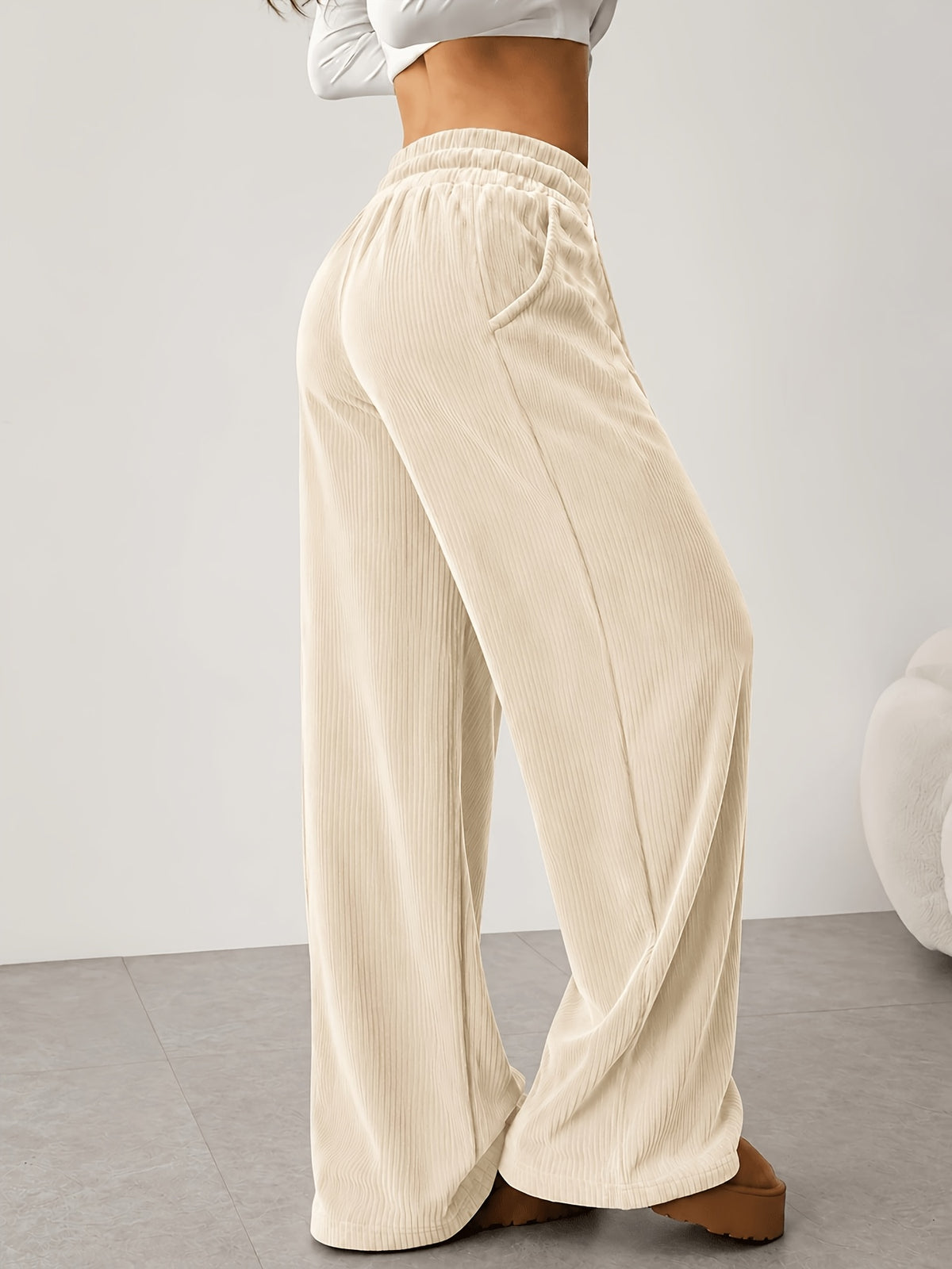 Corduroy Drawstring Wide Leg Pants - Light Yellow